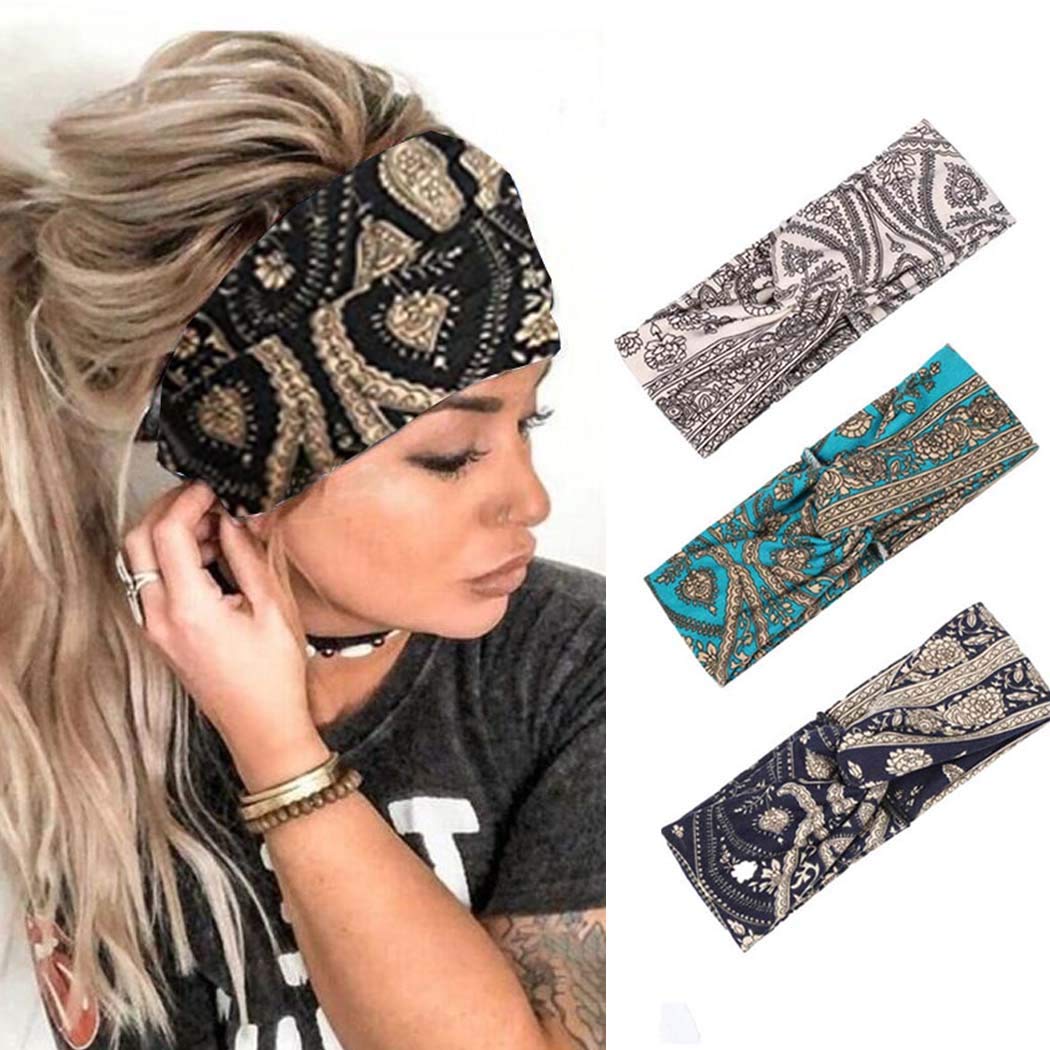 YBSHIN Boho Athletic Travel Headbands Cross Workout Head Wrap Knotted Turban Hair Scarf Yoga Elastic Printed Hair Band for Women and Girls(Pack of 3)