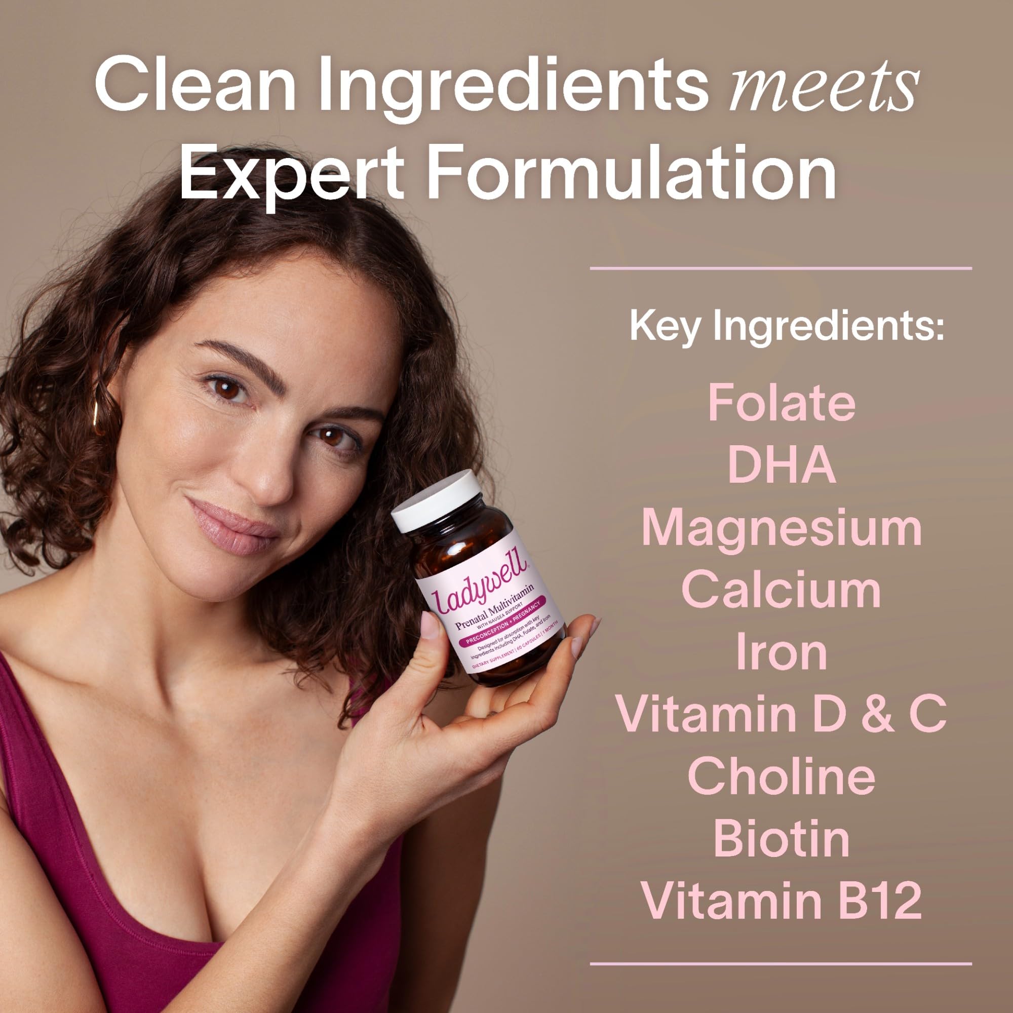 Ladywell Prenatal Multivitamin | Conception, Pregnancy & Postpartum | Key Ingredients Including DHA, Folate & Iron | Expertly-Formulated & Tested | Designed for Absorption with Nausea Support, 60 Ct