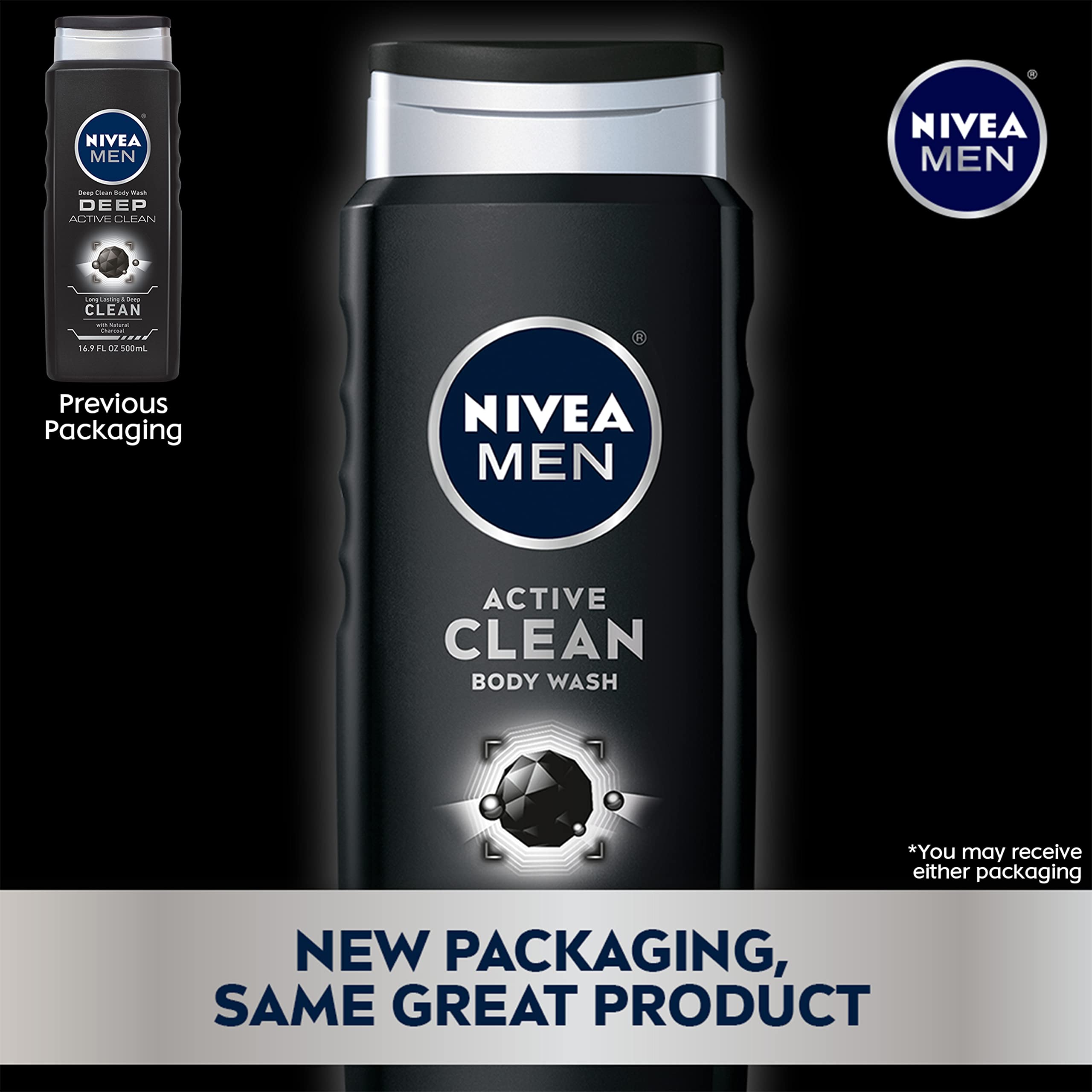 NIVEA Men DEEP Active Clean Body Wash - 8-hour Fresh Scent with Natural Charcoal - 16.9 fl. oz. Bottle (Pack of 3)