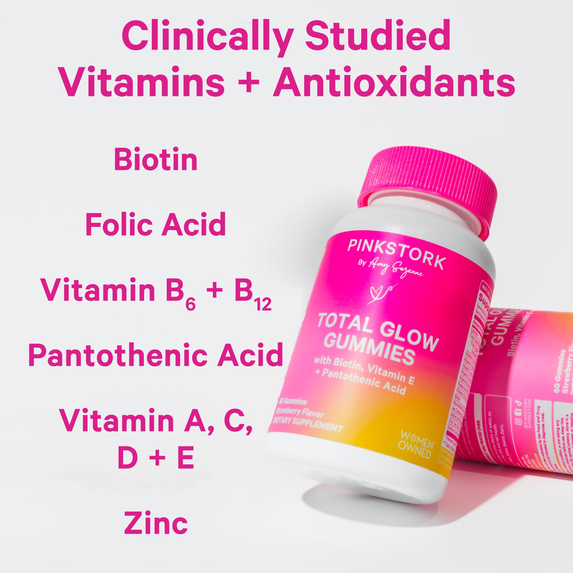 Pink Stork Total Glow Gummies - Hair, Skin, and Nails Vitamins - 11 Vitamins & Nutrients - Biotin, Vitamin A, B6, B12, Folate - Beautiful Hair, Radiant Skin, and Strong Nails - 60 Berry Biotin Gummies