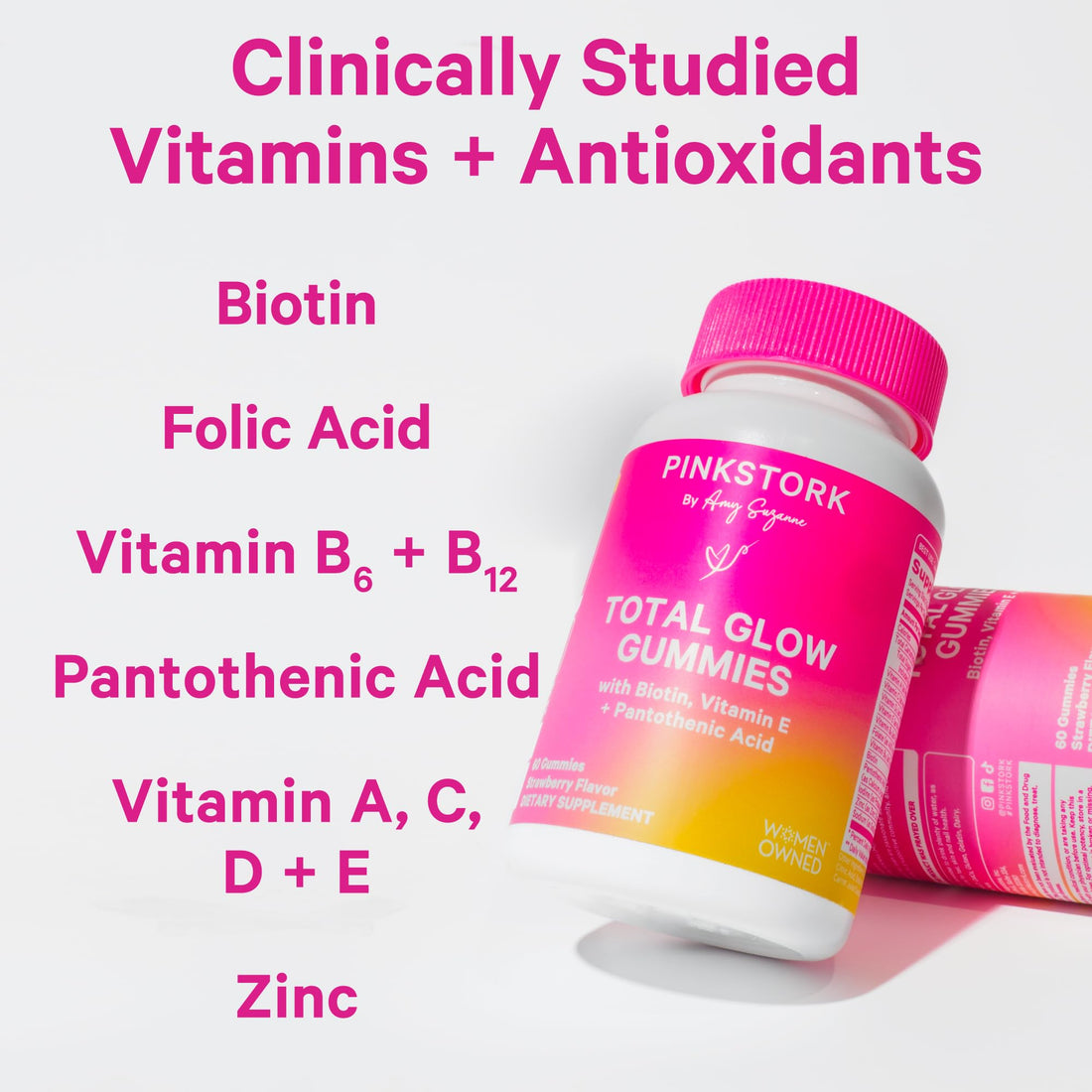 Pink Stork Total Glow Gummies - Hair, Skin, and Nails Vitamins - 11 Vitamins & Nutrients - Biotin, Vitamin A, B6, B12, Folate - Beautiful Hair, Radiant Skin, and Strong Nails - 60 Berry Biotin Gummies