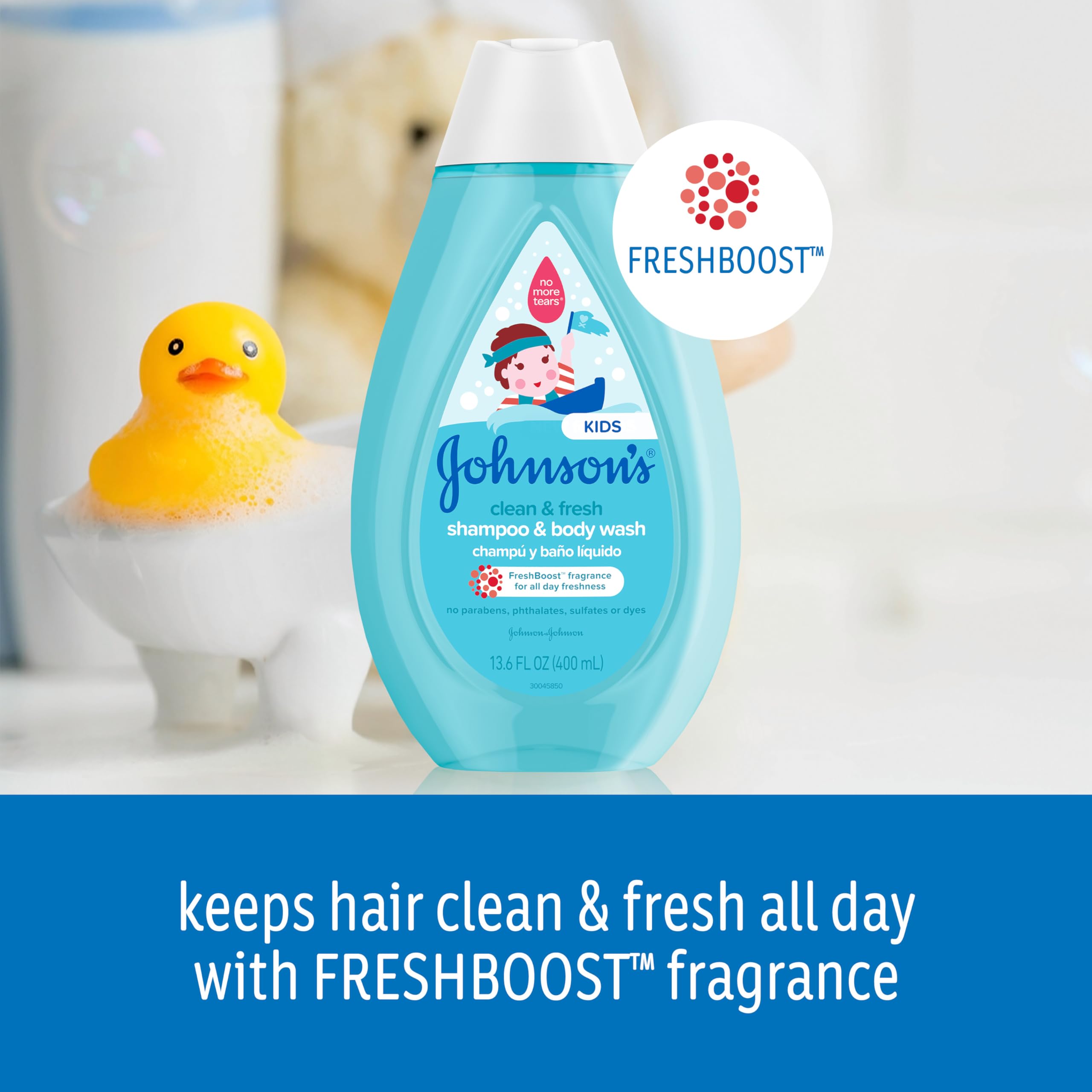 Johnsons Clean & Fresh Tear-Free Childrens Shampoo & Body Wash, Paraben-, Sulfate- & Dye-Free Formula is Hypoallergenic & Gentle on Toddlers Sensitive Skin, FreshBoost Fragrance, 13.6 fl. oz