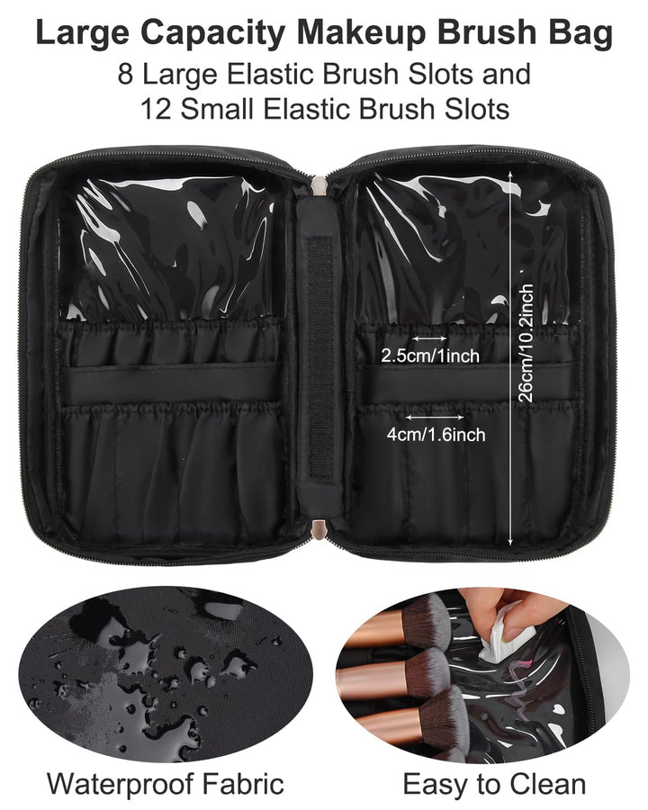 Makeup Brush Bag, Makeup Brush Organizer Cosmetic Bags Makeup Artist Case with Belt Strap Holder Multi functional Cosmetic Bag Makeup Handbag for Travel & Home Gift (Black)