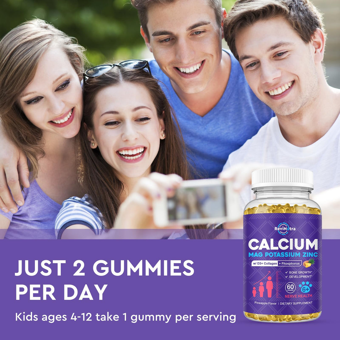 Calcium Potassium Magnesium Gummies for Kids & Adults, with Hydrolyzed Collagen, Zinc, Phosphorus, Multivitamin for Sleep, Bone Strength, Density Support, Sugar Free, Pineapple Flavor, 60 Gummies