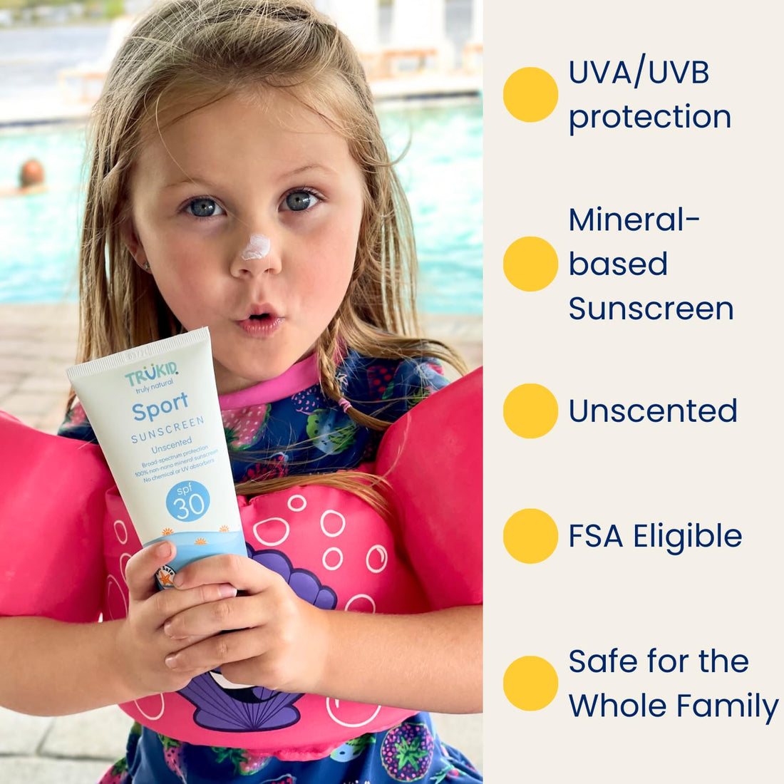 TruKid Sport SPF30 Unscented 3.4oz Natural Ingredients Kids Sunscreen, Reef-Friendly Travel Size, Beach Defense Sunscreen for Kids, Toddlers, Babies & Adults