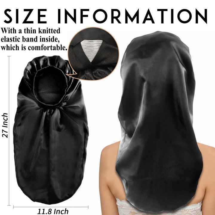 2Pcs Long Satin Bonnet Sleep Cap,Extra Large Braids Bonnets for Sleeping,Long Hair,Soft&Comfortable Elastic Band Bonnets for Women Night Sleep,Hair Bonnets for Women Satin (Black+Green Pattern)