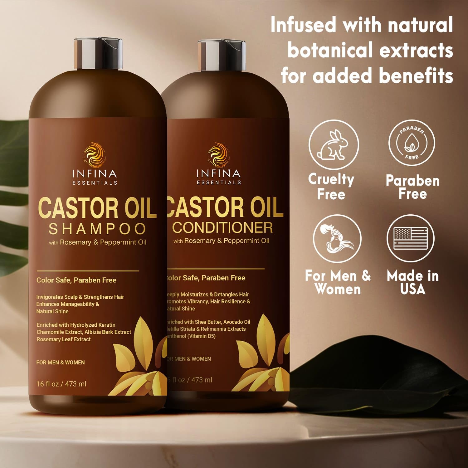 Castor Oil Shampoo and Conditioner Set for Hair Growth with Rosemary & Peppermint Oil - Cleanse Hair, Strengthen & Shine with Castor Shampoo and Conditioner - Anti-Hair Loss for Men & Women - 16 fl oz