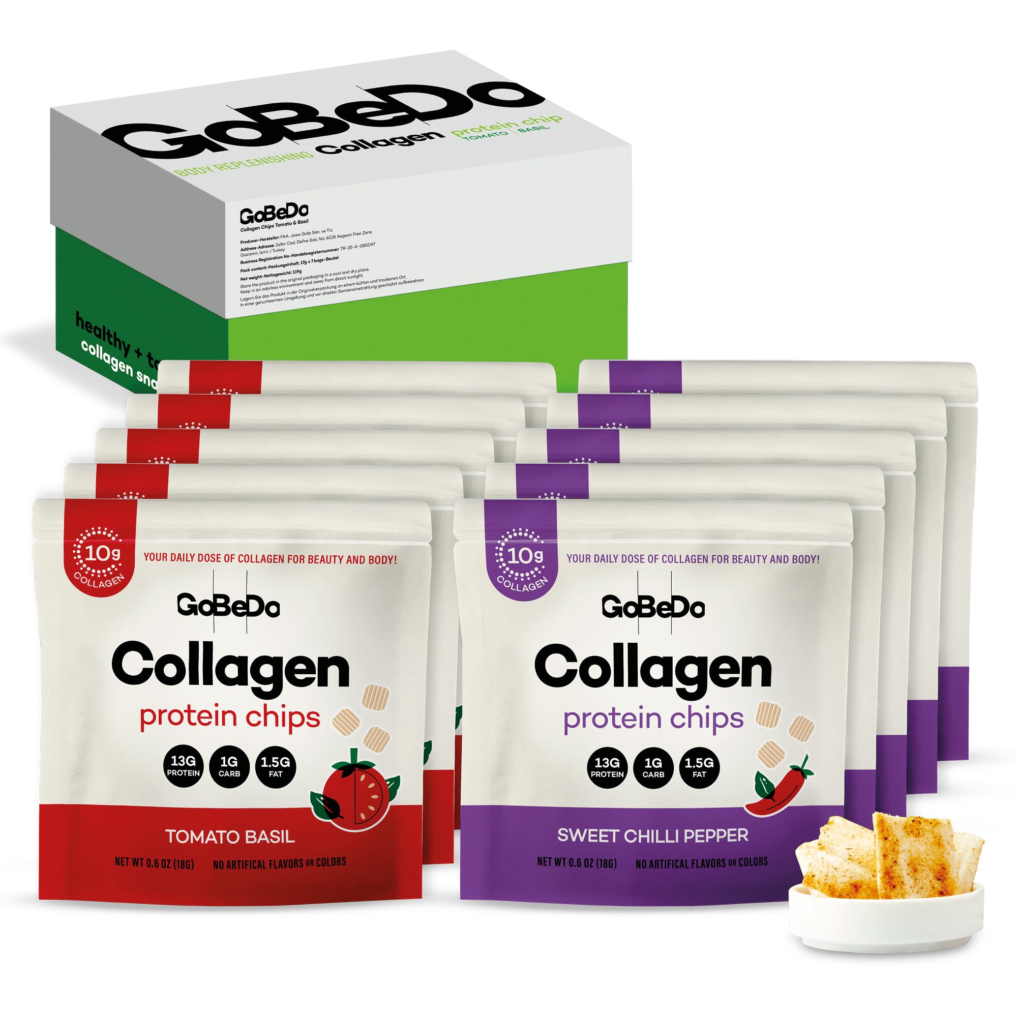 GoBeDo Collagen Protein Chips - Sweet Chilli Pepper & Tomato Basil Flavors - 13g Protein Per Bag, GMO-Free, Gluten-Free, Tasty Keto Savory Collagen Protein Snack (Pack of 10)