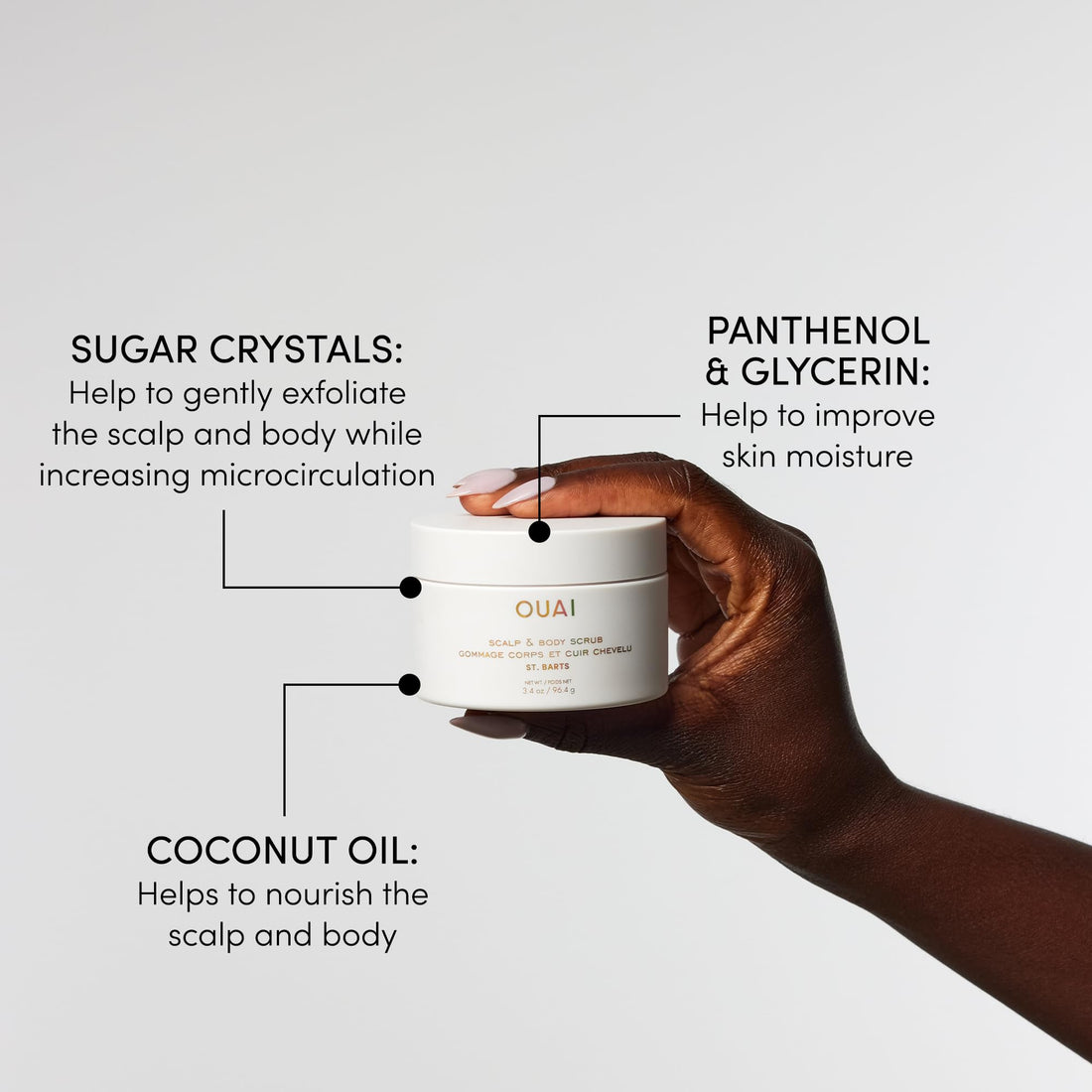 OUAI Scalp & Body Scrub, St. Barts Travel Size - Exfoliating Body Scrub with Sugar & Coconut Oil Blend for Smooth, Moisturized Skin - Gentle Scalp Scrub for Removing Product Build Up (3.4 oz)