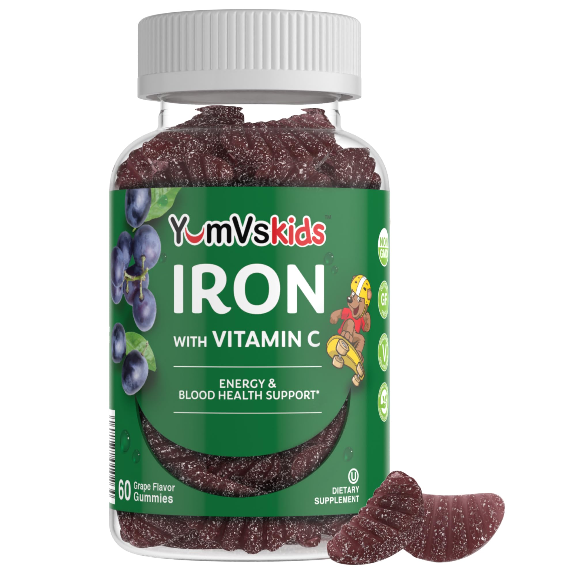YumVs Complete Kids Iron Gummies - Kids Iron Supplement Gummies with Vitamin C - Grape Flavor, Children's Chewable Iron Supplement for Kids, Kosher Halal Gluten Free Vegetarian Iron Gummies (60 Count)