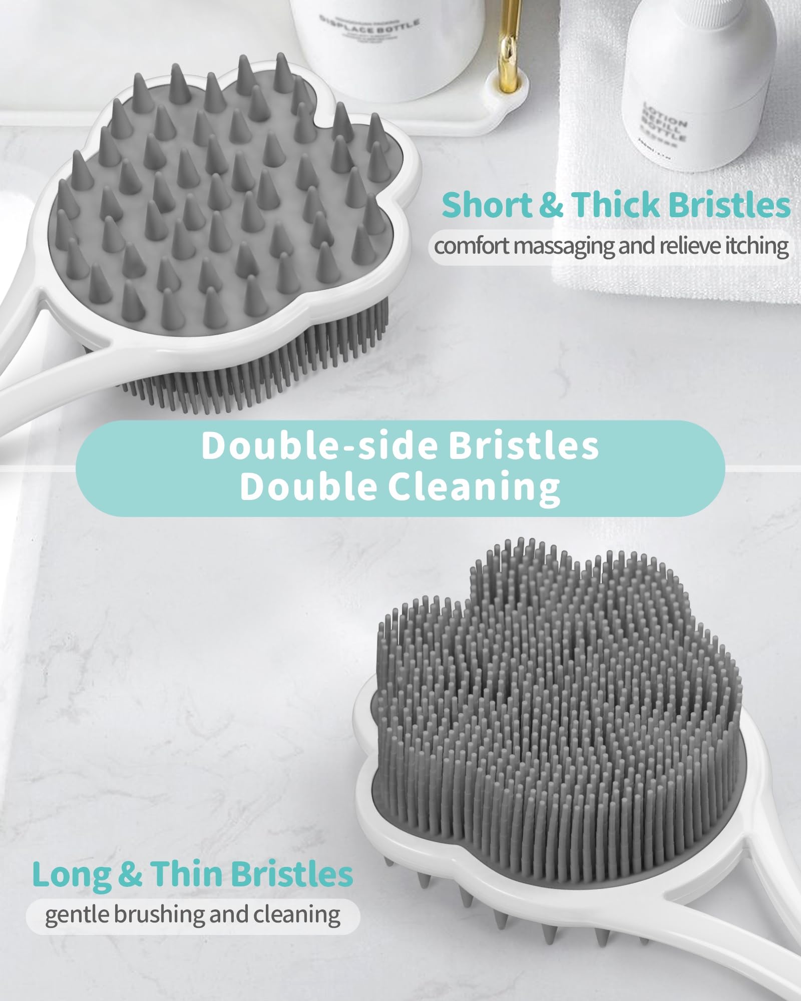 Manmihealth 15.7 Cute Back Scrubber & Soft Silicone Shower Brush Face Scrubber Set (3 PCS), Paw-Shaped Silicone Back Brush & Body Facial Scrubber with Super-Soft Bristles Combination(GraySet)