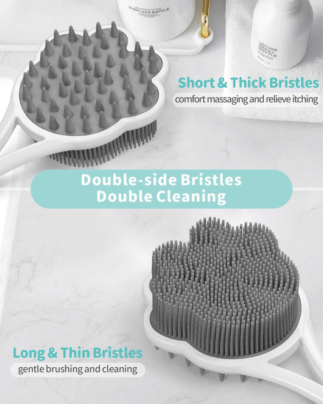 Manmihealth 15.7 Cute Back Scrubber & Soft Silicone Shower Brush Face Scrubber Set (3 PCS), Paw-Shaped Silicone Back Brush & Body Facial Scrubber with Super-Soft Bristles Combination(GraySet)