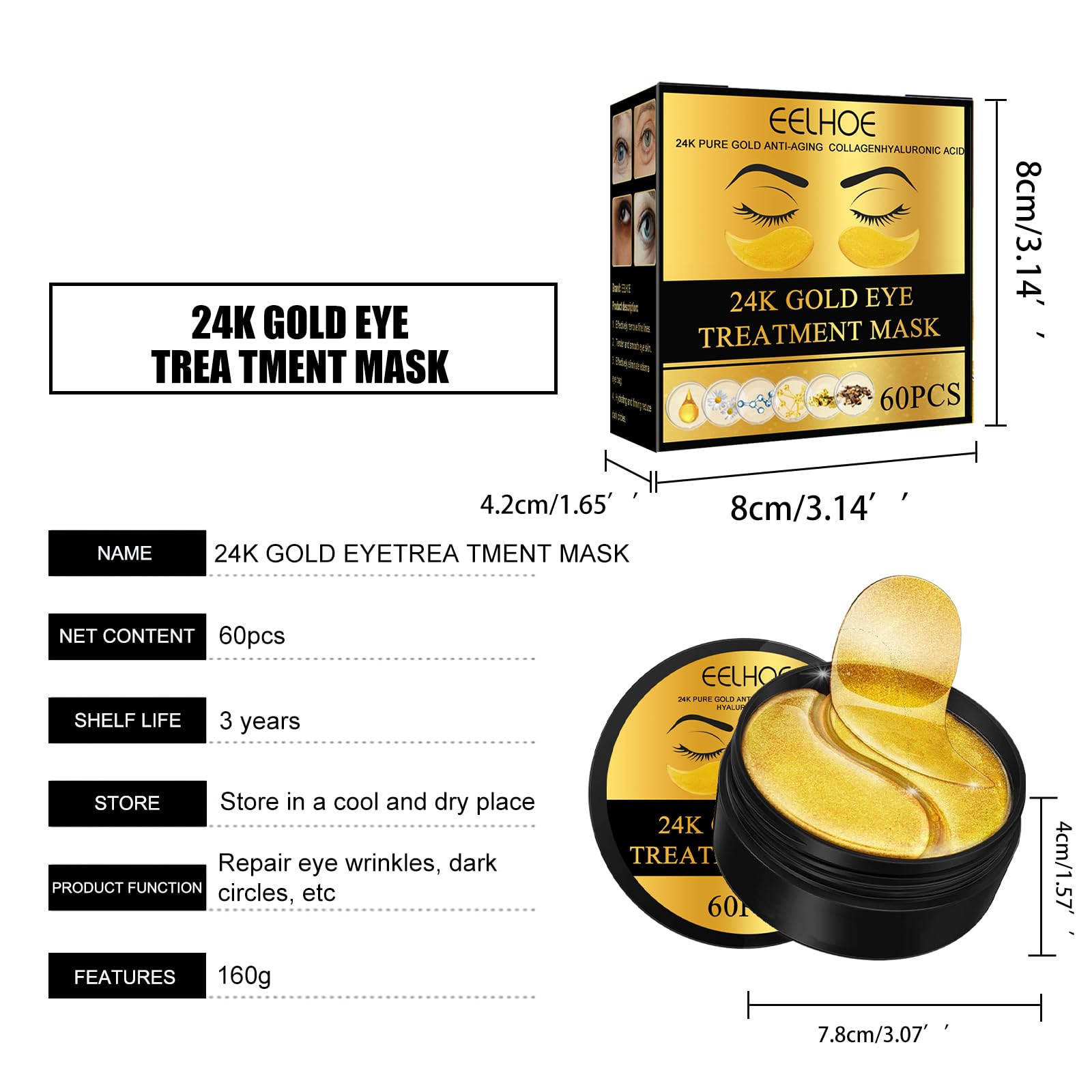 Q.Z.Art 60 Pcs 24K Gold Under Eye Patches, Anti-Aging Eye Mask Infused with Collagen and Hyaluronic Acid - Reduce Dark Circles, Puffiness, and Wrinkles