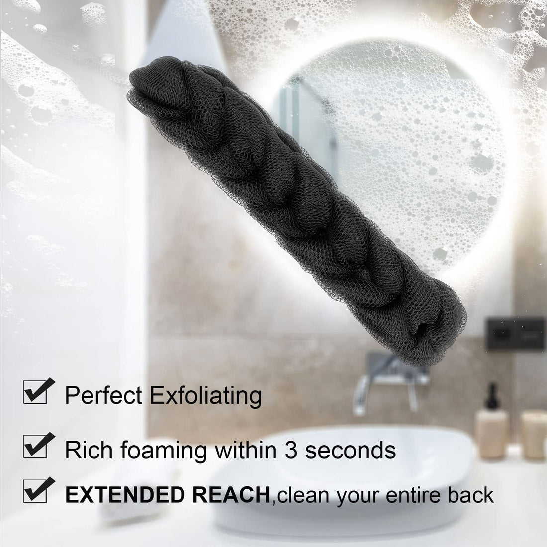 PPHAO - 3 Pack Bamboo Charcoal Back Scrubber for Shower - Long Loofah Sponge for Women - Bath Sponge - Loofah Back Scrubber for Shower Exfoliating for Men and Women- 21.5 INCH - Black Loofah