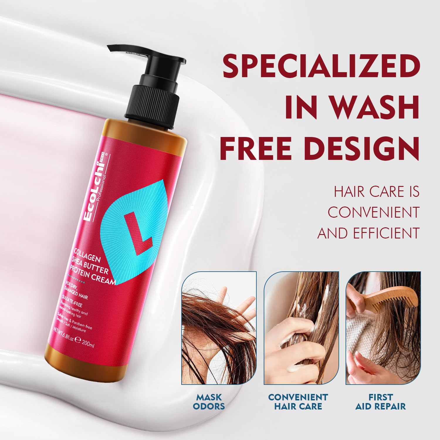 ECOLCHIPRO Ecolchi Collagen Leave-In Conditioner Cream Deep Restores Shea Butter Protein Cream Hair Treatment Smooth Glossy for Dry and Damaged All Hair Types 200ml 6.8 fl.oz