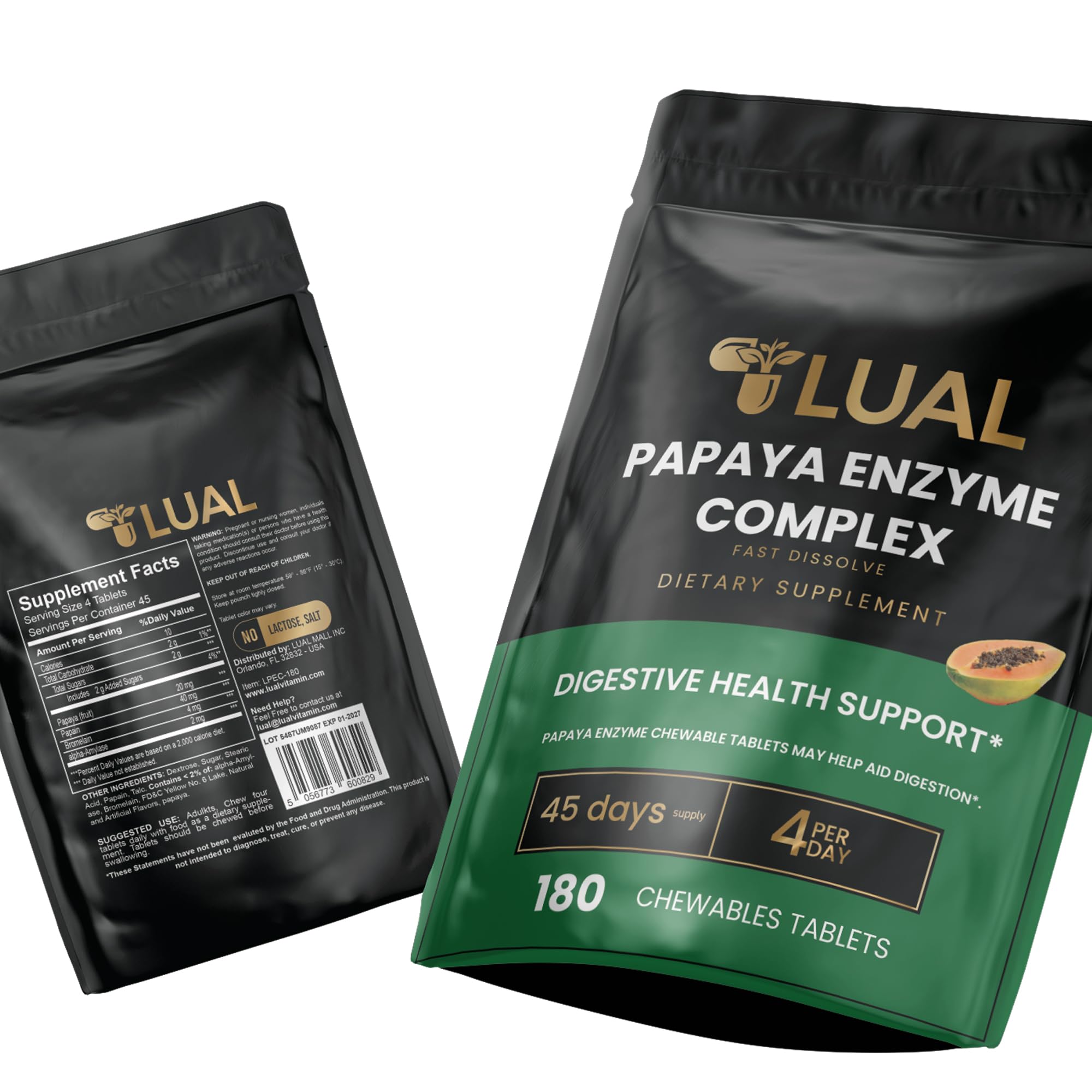 LUAL Papaya Enzymes Chewable | Supports Digestion & Nutrient Absorption | Natural Papaya Enzyme Supplement | 180 Chewable Tablets