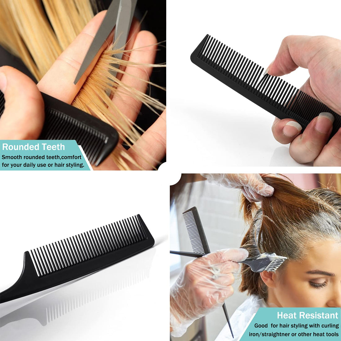 Carbon Fiber Hair Combs Set, General Styling Grooming Comb, Anti Static Heat Resistant Hairdressing Comb 6 pack, Fine and Wide Tooth Hair Barber Comb, Rat Tail Comb