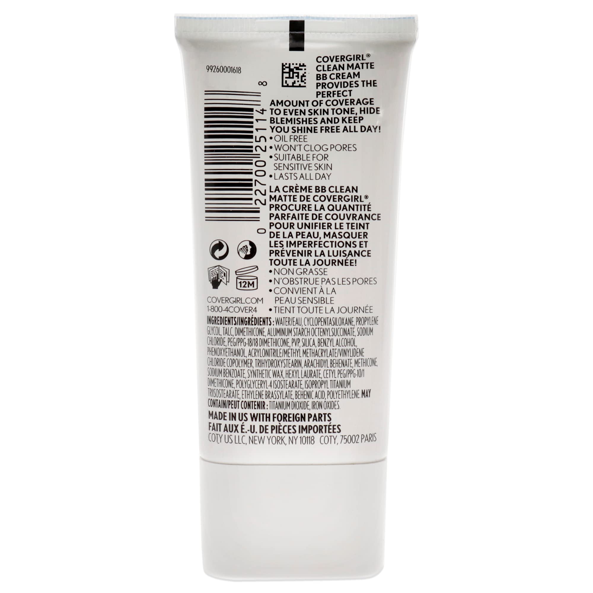 COVERGIRL - Clean Matte BB Cream, Oil-Free, Long-Lasting, Sensitive Skin, Lightweight, 100% Cruelty-Free