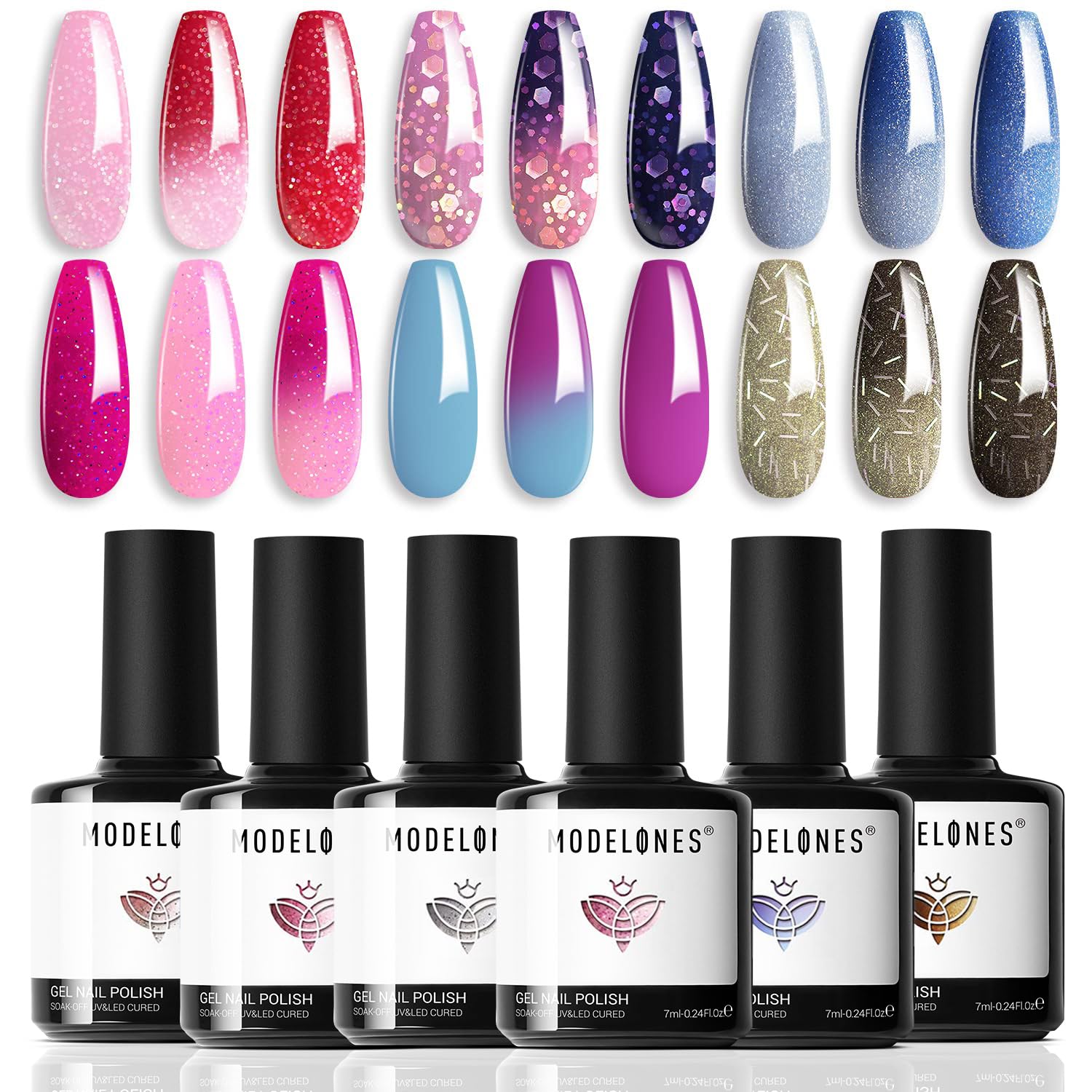 Modelones Mood Gel Nail Polish Set - 6 Colors Collection Temperature Color Changing Gel Glitter Nail Varnish Soak Off UV LED Manicure 0.33 OZ