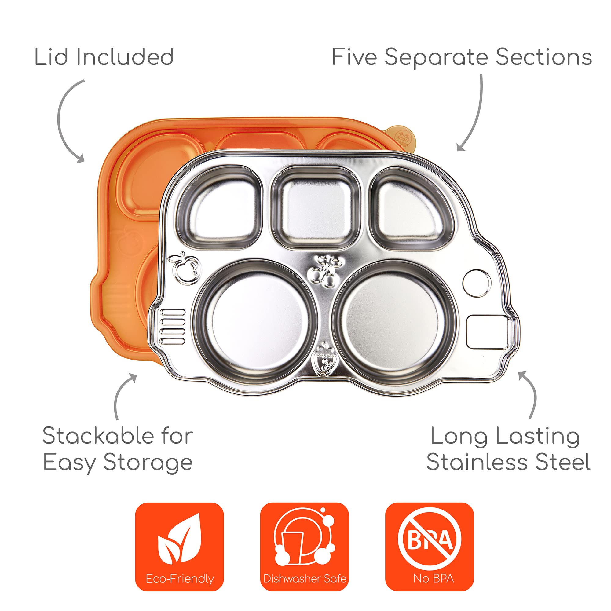 Innobaby Stainless Bus Plate with Sectional Lid, The Original, Leak-Resistant Divided Platter, Mom Invented Fun Shape Mealtime Solution for Babies, Toddlers and Kids, BPA Free Plate, Orange, 2 Pack