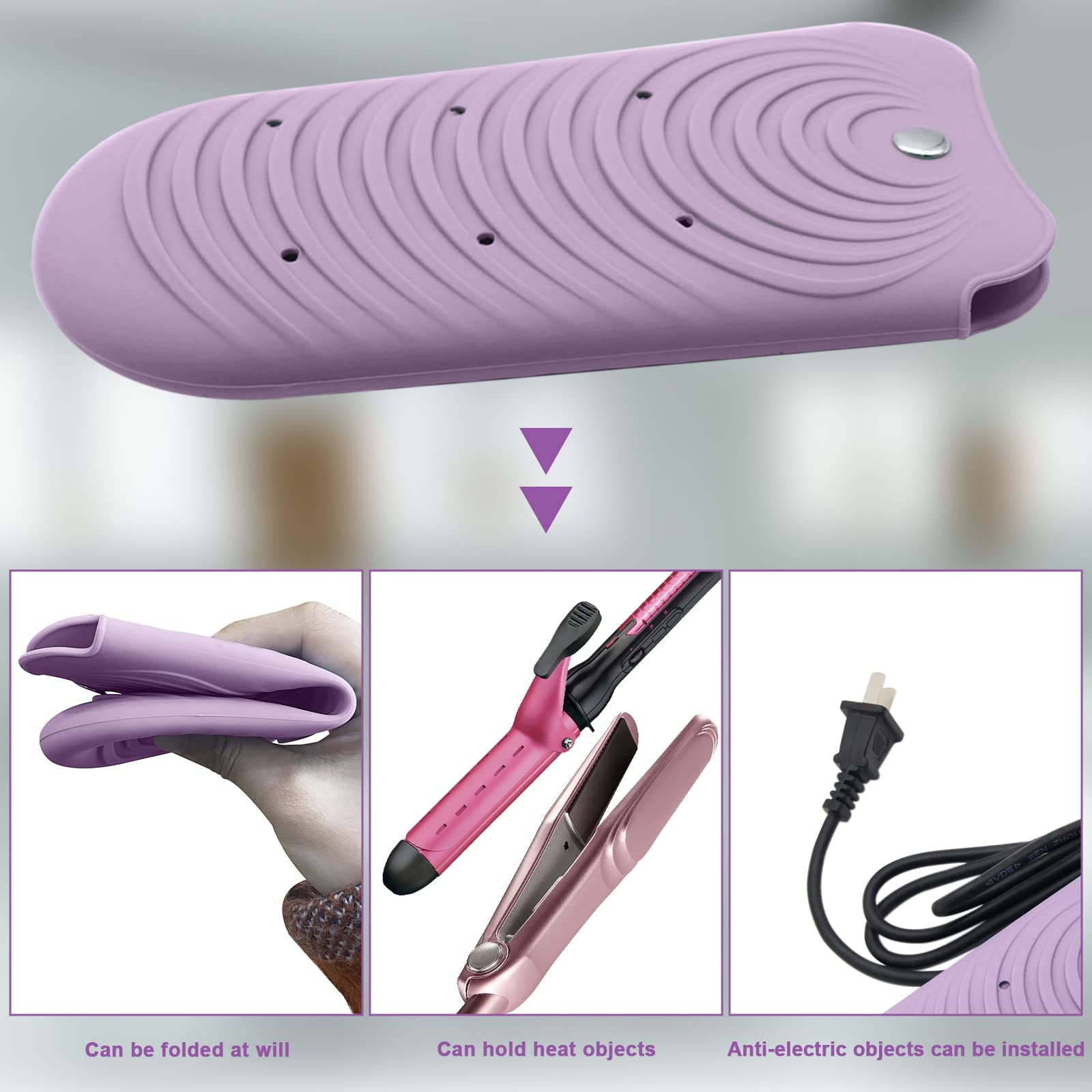 Heat Resistant Silicone Mat Pouch for Hair Styling Tools, Curling & Flat Irons Non-Slip Travel Cover, Small Portable Straightener Pad for Curler Wands Storage, Hot Waver (Purple)