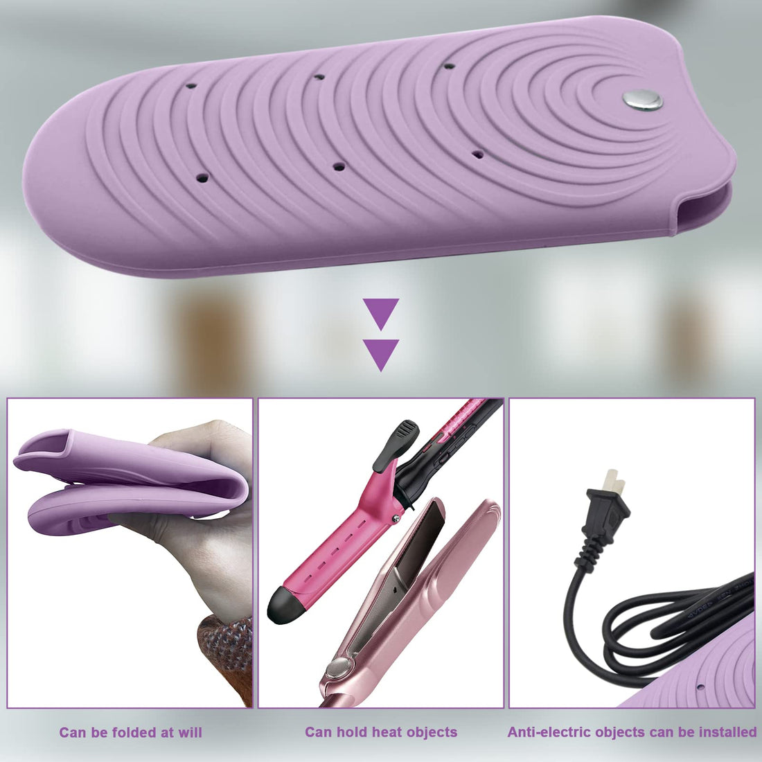 Heat Resistant Silicone Mat Pouch for Hair Styling Tools, Curling & Flat Irons Non-Slip Travel Cover, Small Portable Straightener Pad for Curler Wands Storage, Hot Waver (Purple)