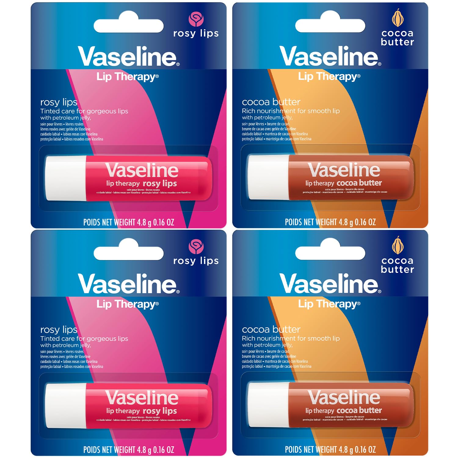 Vaseline Lip Therapy Variety 4-Pack – Rosy Lips + Cocoa Butter Moisturizing Lip Balm with Vitamin E, 0.16 Oz Ea