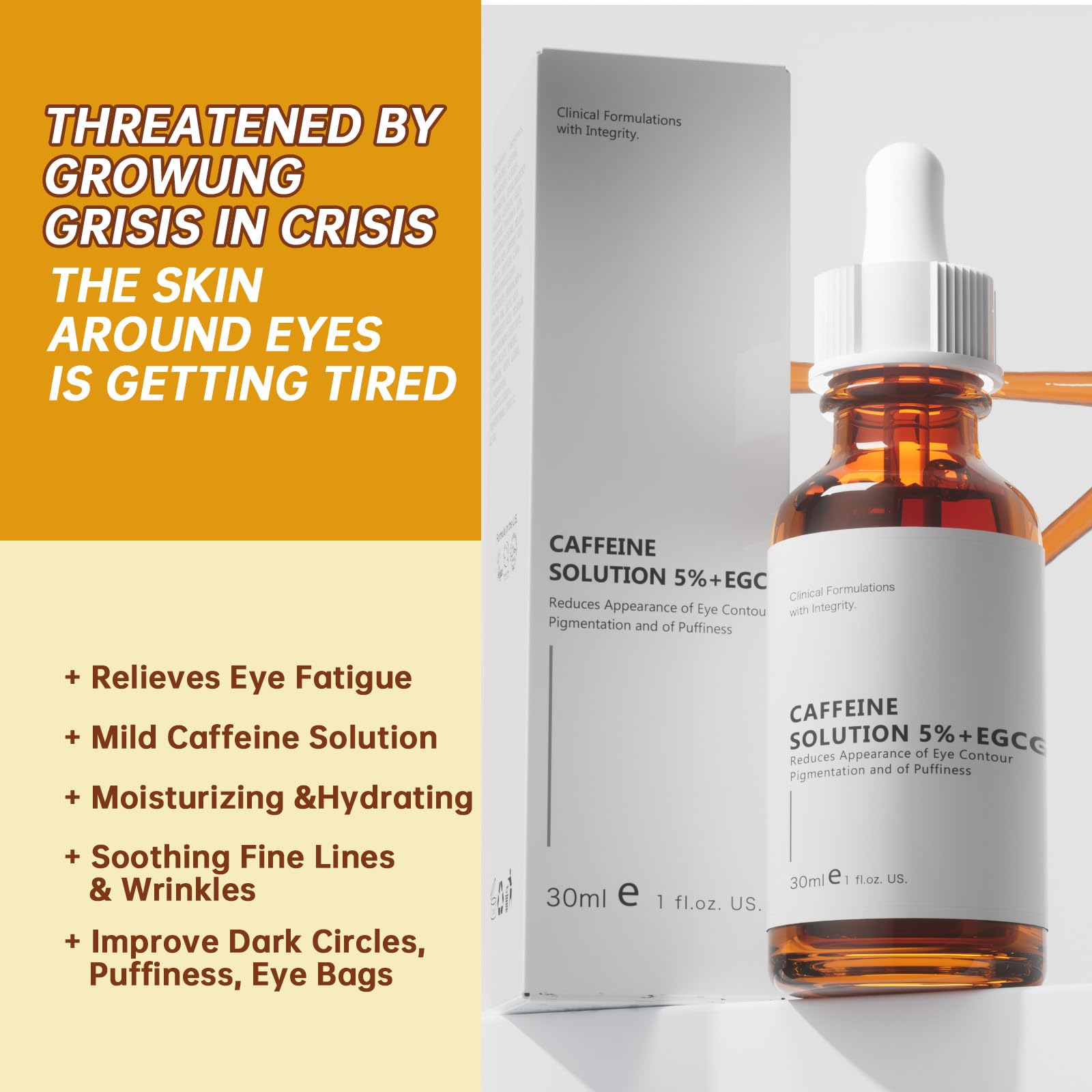 Caffeine Eye Serum with 5% EGCG – Moisturizing Solution for Reducing Dark Circles & Puffiness – 30ml, Caffeine Solution for Face & Under Eye Care