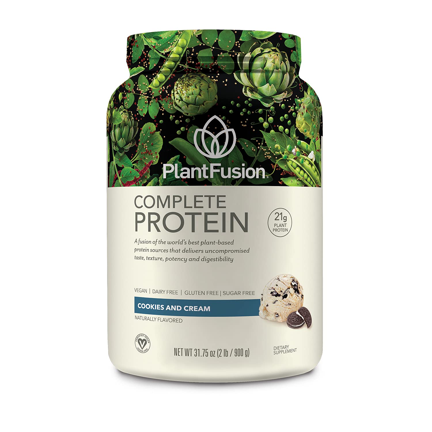 PlantFusion Complete Vegan Protein Powder - Plant Based Protein Powder with BCAAs, Digestive Enzymes and Pea Protein - Keto, Gluten Free, Soy Free, Non-Dairy, No Sugar, Non-GMO - Cookies & Cream 2 lb