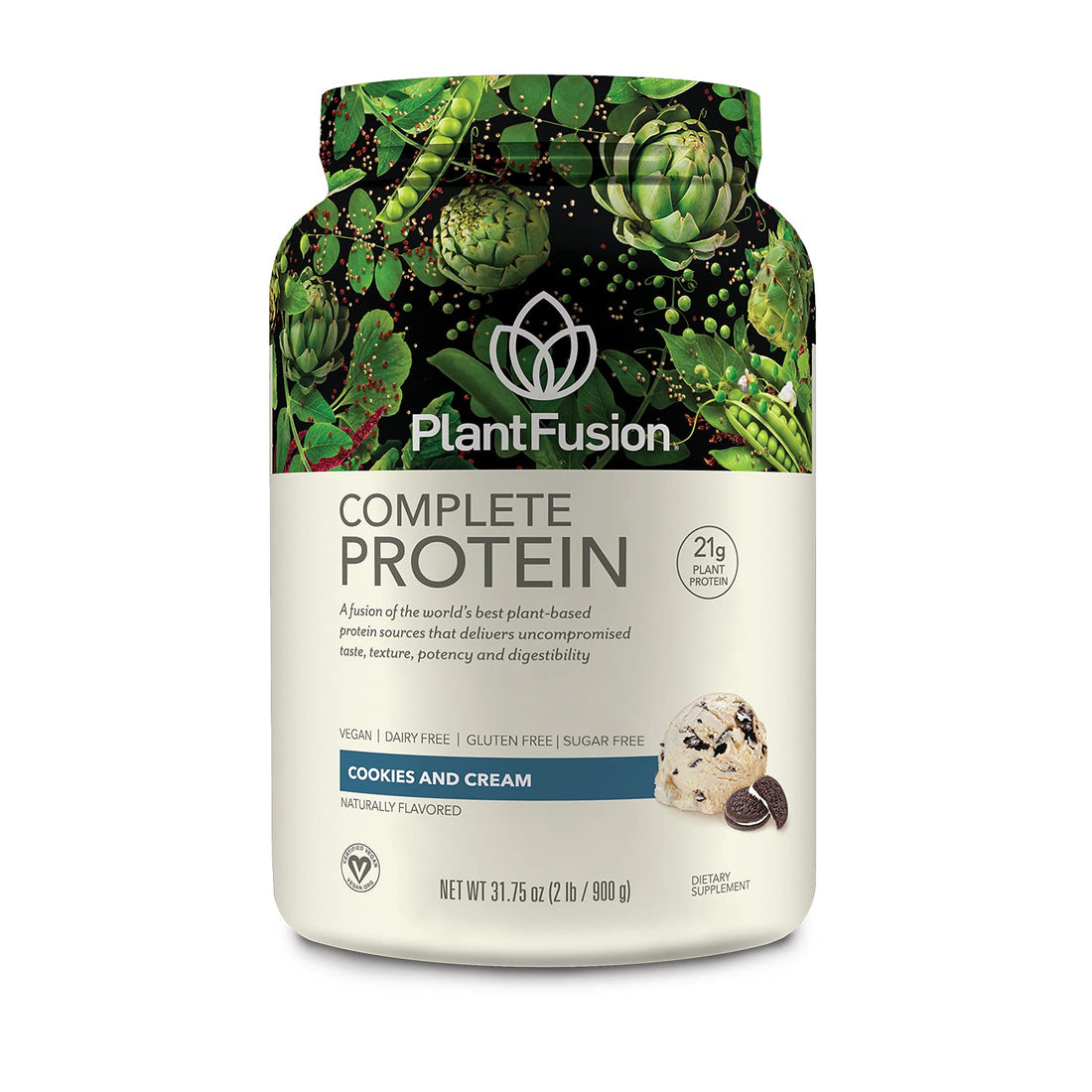 PlantFusion Complete Vegan Protein Powder - Plant Based Protein Powder with BCAAs, Digestive Enzymes and Pea Protein - Keto, Gluten Free, Soy Free, Non-Dairy, No Sugar, Non-GMO - Cookies & Cream 2 lb