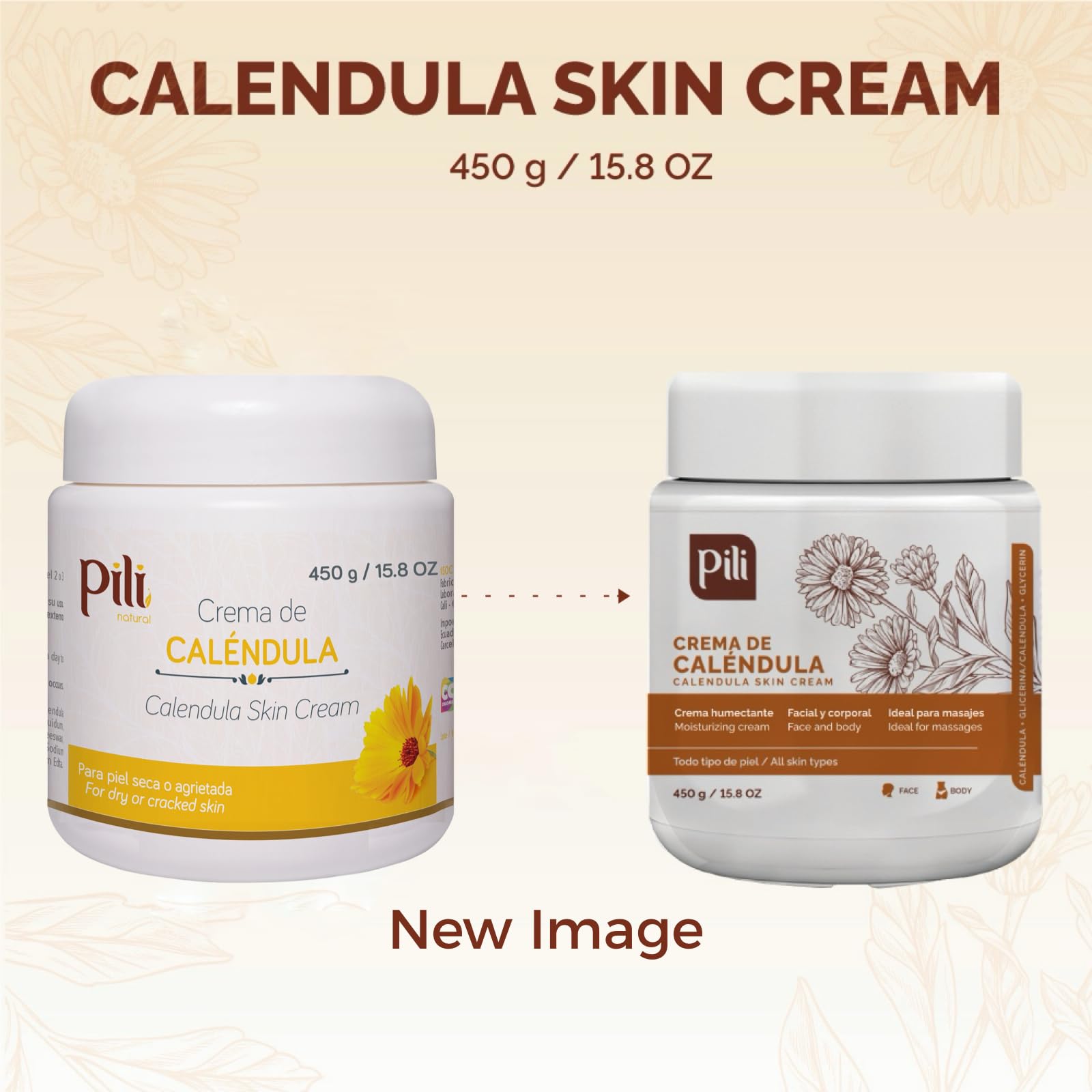 Pili Natural Calendula Cream – Hydrating Moisturizer for Dry, Rough, or Chapped Skin – Soothing Face, Hand & Body Cream – Crema de Caléndula with Beeswax & Glycerin – 15.8 oz