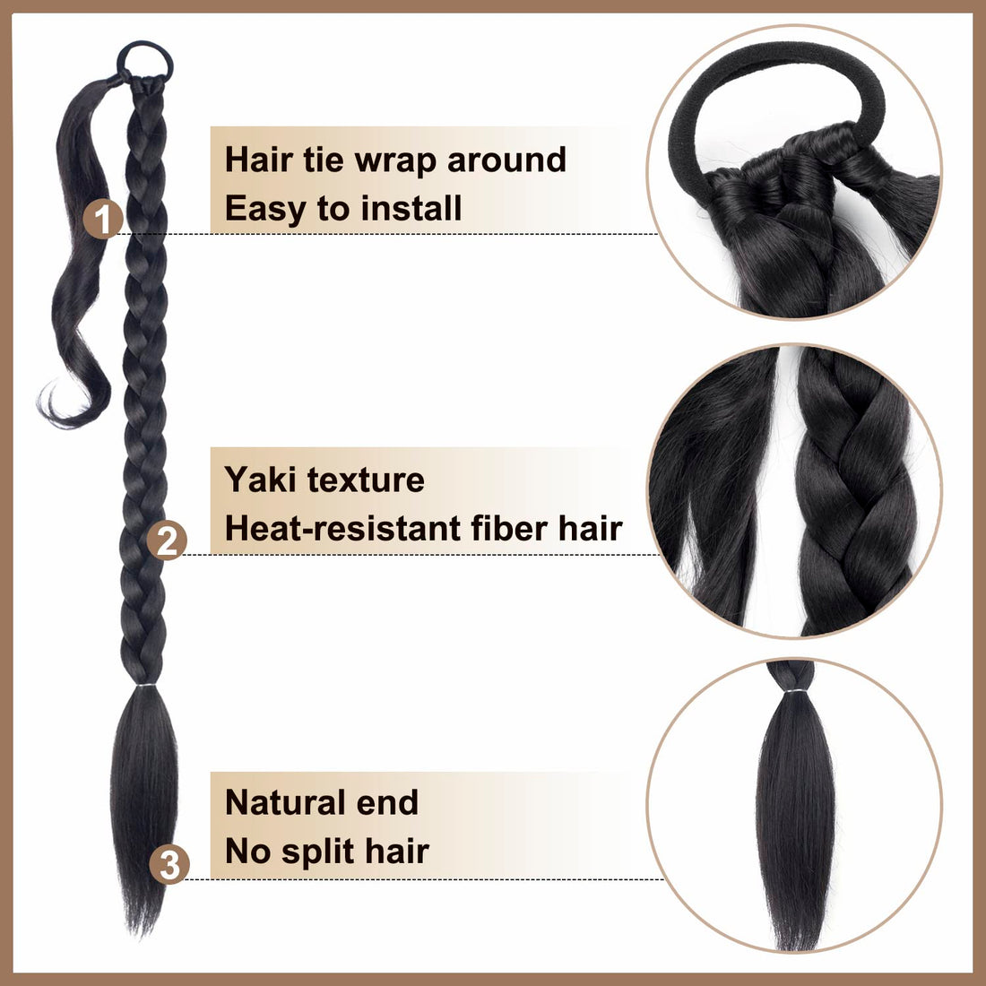 2 Pack Long DIY Braided Ponytail Extension with Hair Tie Straight Wrap Around Hair Extensions Ponytail(2#)