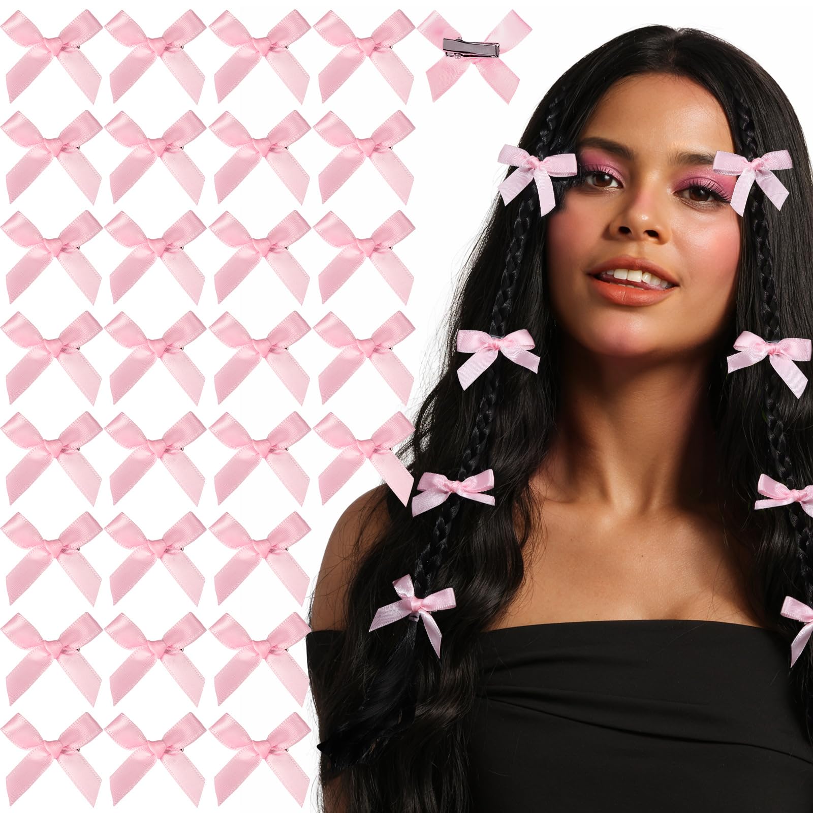Teenitor 30pcs Pink Hair Bow Clips - Small Mini Bows for Women and Girls - Cute Hair Accessories