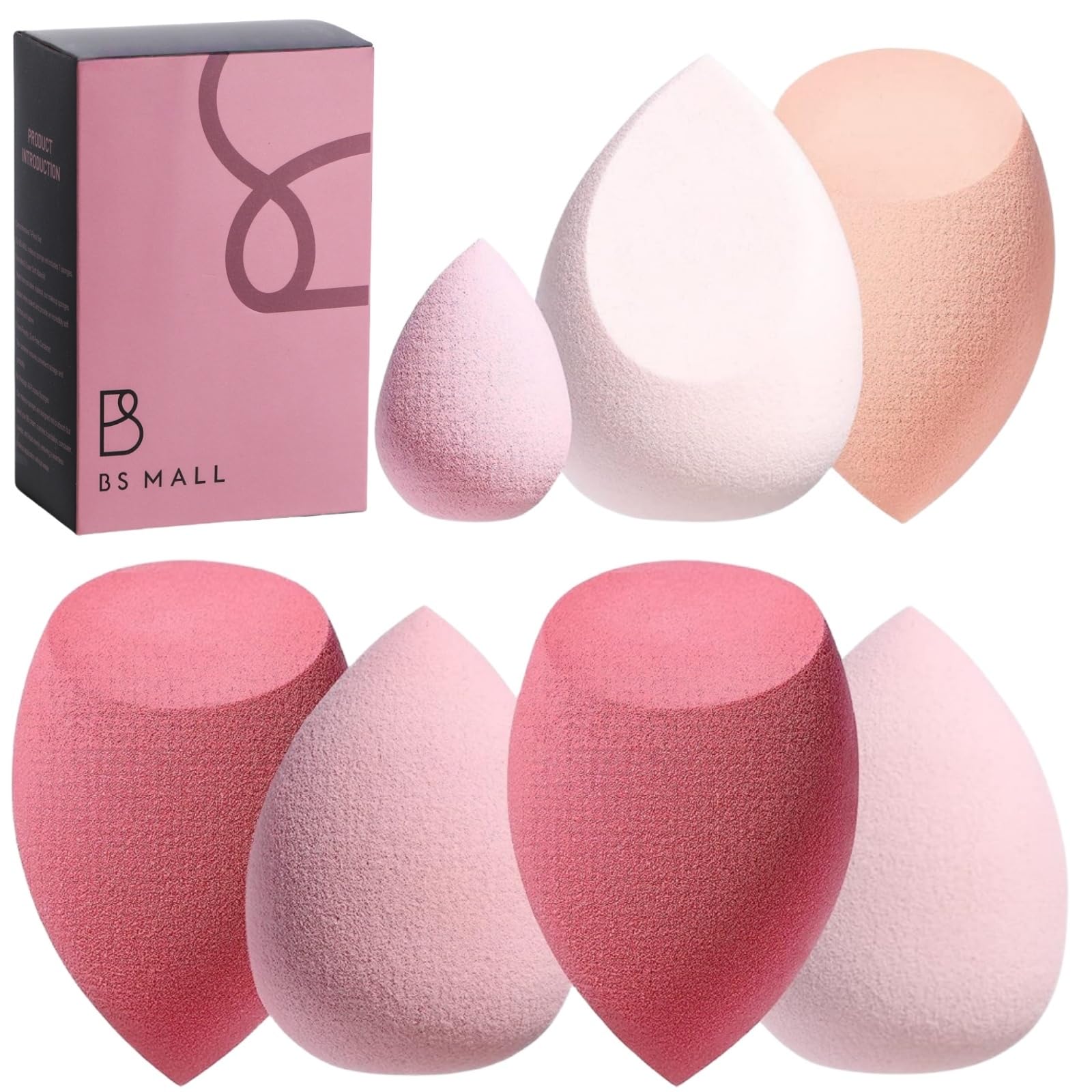 Makeup Sponge Set BS-MALL with Storage Case 7 Pcs for Liquid, Cream, and Powder,SAVE Foundation with 1 Mini Makeup Sponge For Travel Daily Use (A-Pink)