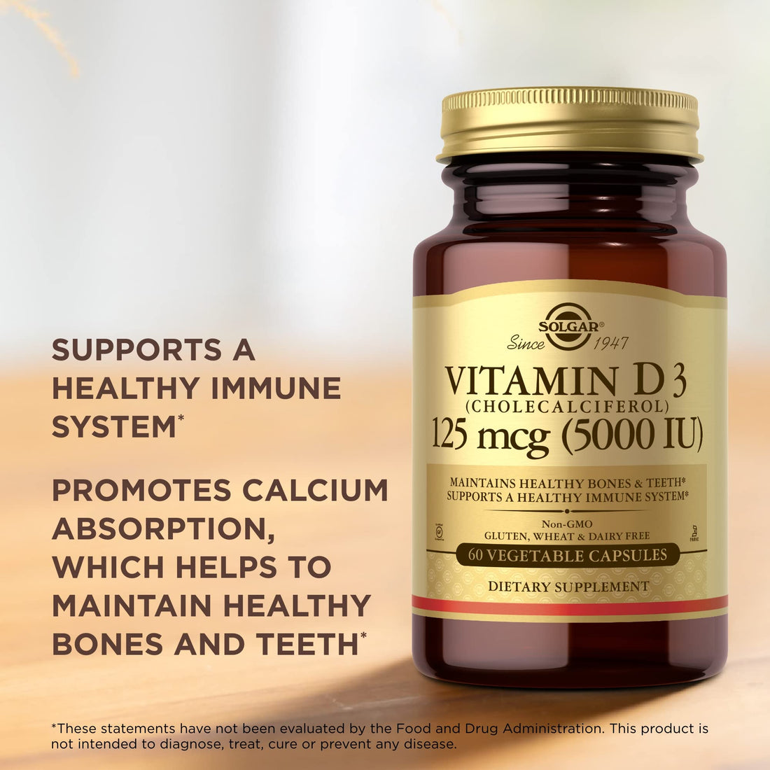 Solgar Vitamin D3 (Cholecalciferol) 125 mcg (5000 IU), 60 Vegetable Capsules - Helps Maintain Healthy Bones & Teeth - Immune System Support - Non-GMO, Gluten Free, Dairy Free - 60 Servings