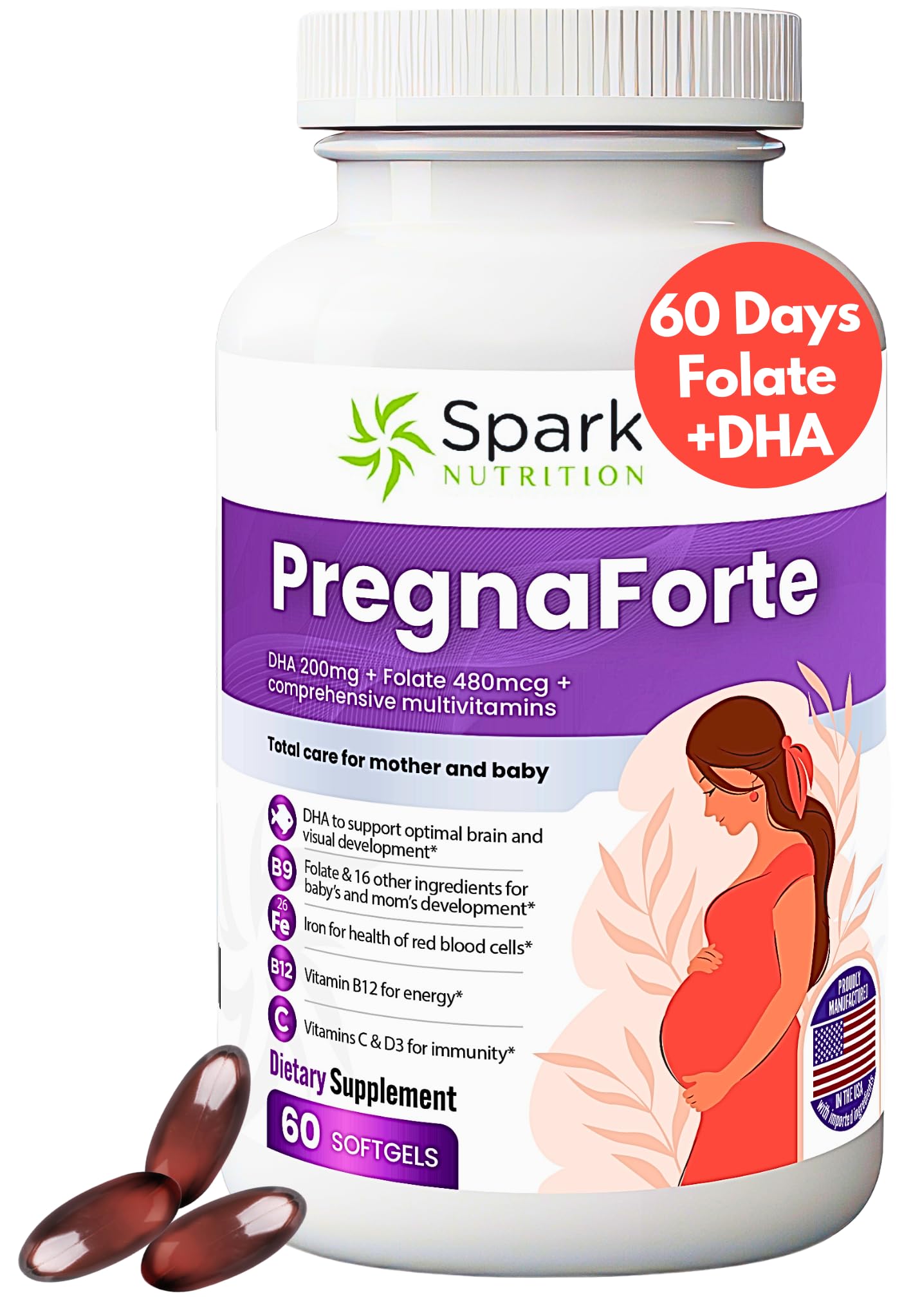 Pregnaforte 1 a day Prenatal vitamins for women 2 month: Folic acid, Fish Oil Omega 3 DHA/EPA, Vitamin D3, B6, Vitmain B12, C, E, Calcium, Iron, Magnesium, Zinc supplement FSA HSA eligble multivitamin