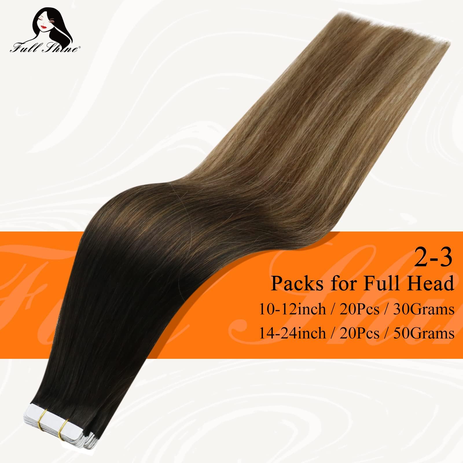 18 Inch, 1B/#6/#27 : Fshine 18 Tape in Ombre Hair Extensions Human Hair Tape in Extensions Balayage Hair Color #1B Fading to #6 and #27 Honey Blonde 20 Pcs 50gram Per Package