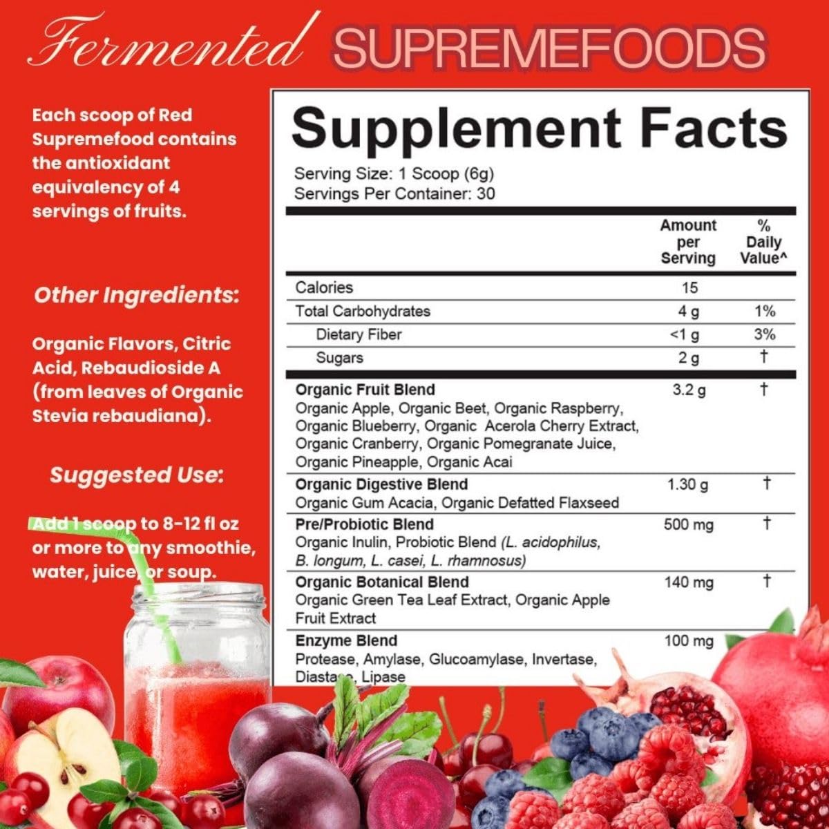 Divine Health Organic Red Supremefood® | 10 Organic Fruits + Probiotics, Enzymes, Herbs, Fiber & Antioxidants | Non-GMO Berry Flavored Blend | (180g) (30 Day Supply)