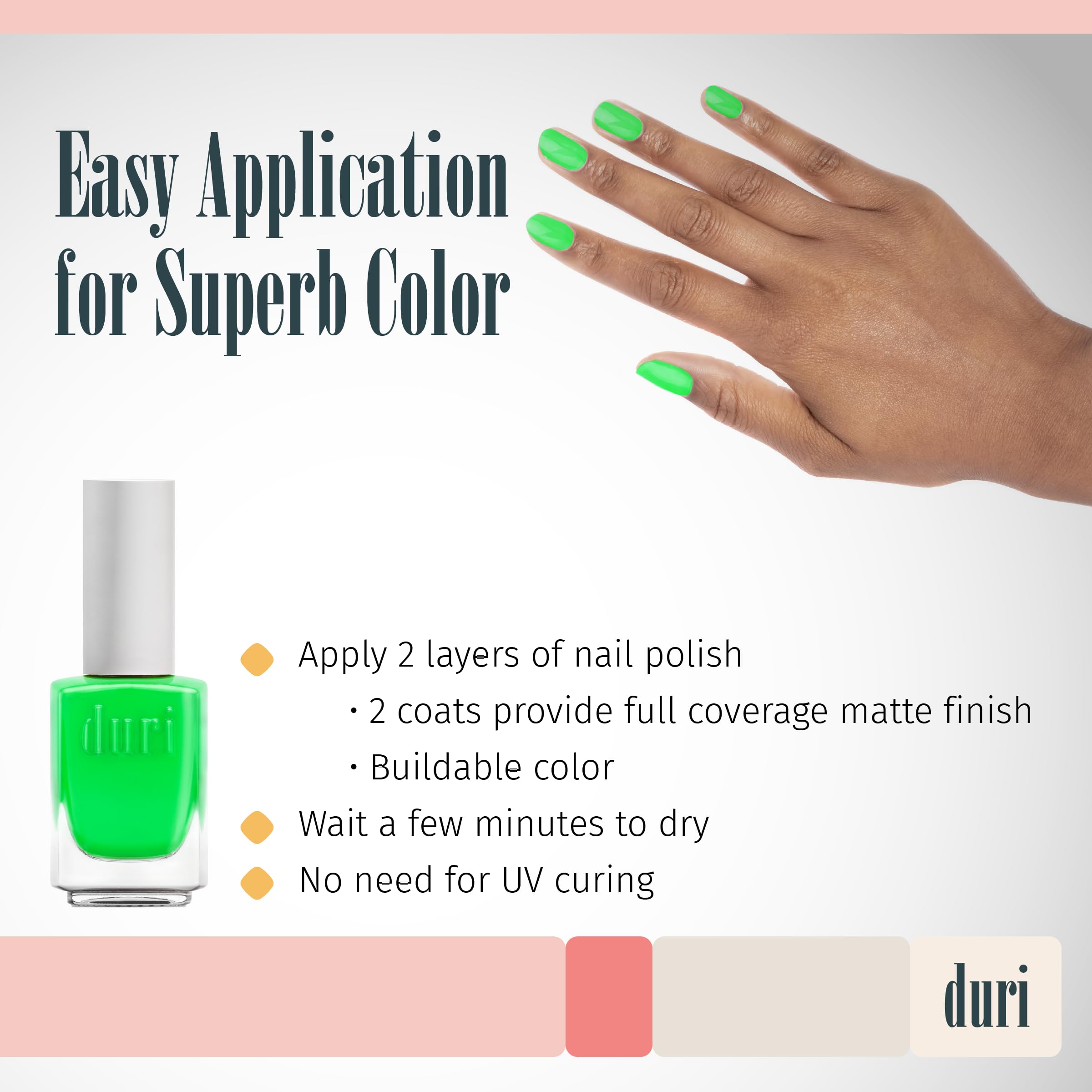 duri Nail Polish, 159N Piranha, Neon Green, Matte, Opaque, 0.5 fl.oz.