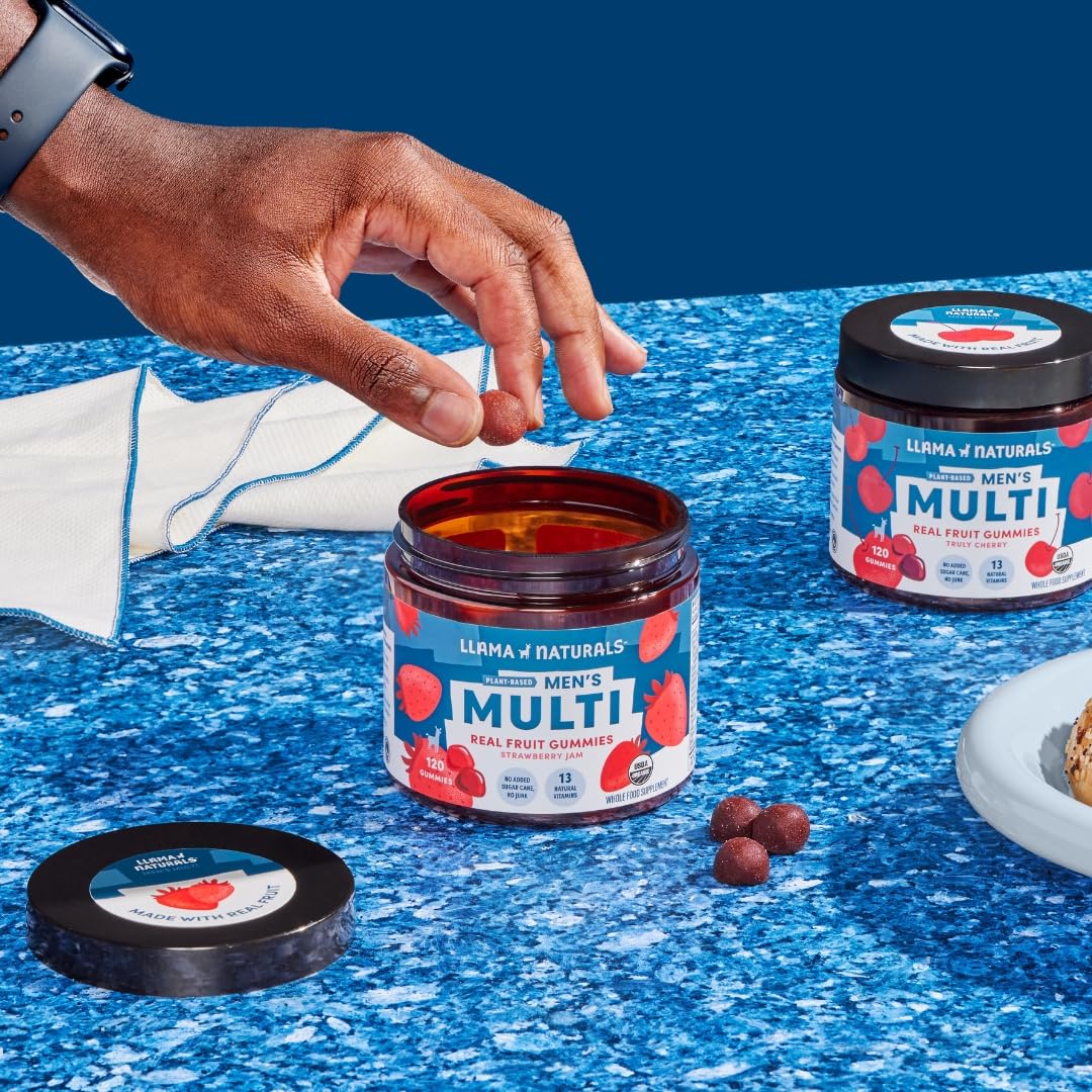 Llama Naturals Real Fruit Gummy Vitamins for Men | No Added Sugar Cane | Whole Food Multivitamin Gummies | Vegan, Organic, Chewable | 120 ct | 30 Day Supply | Cherry