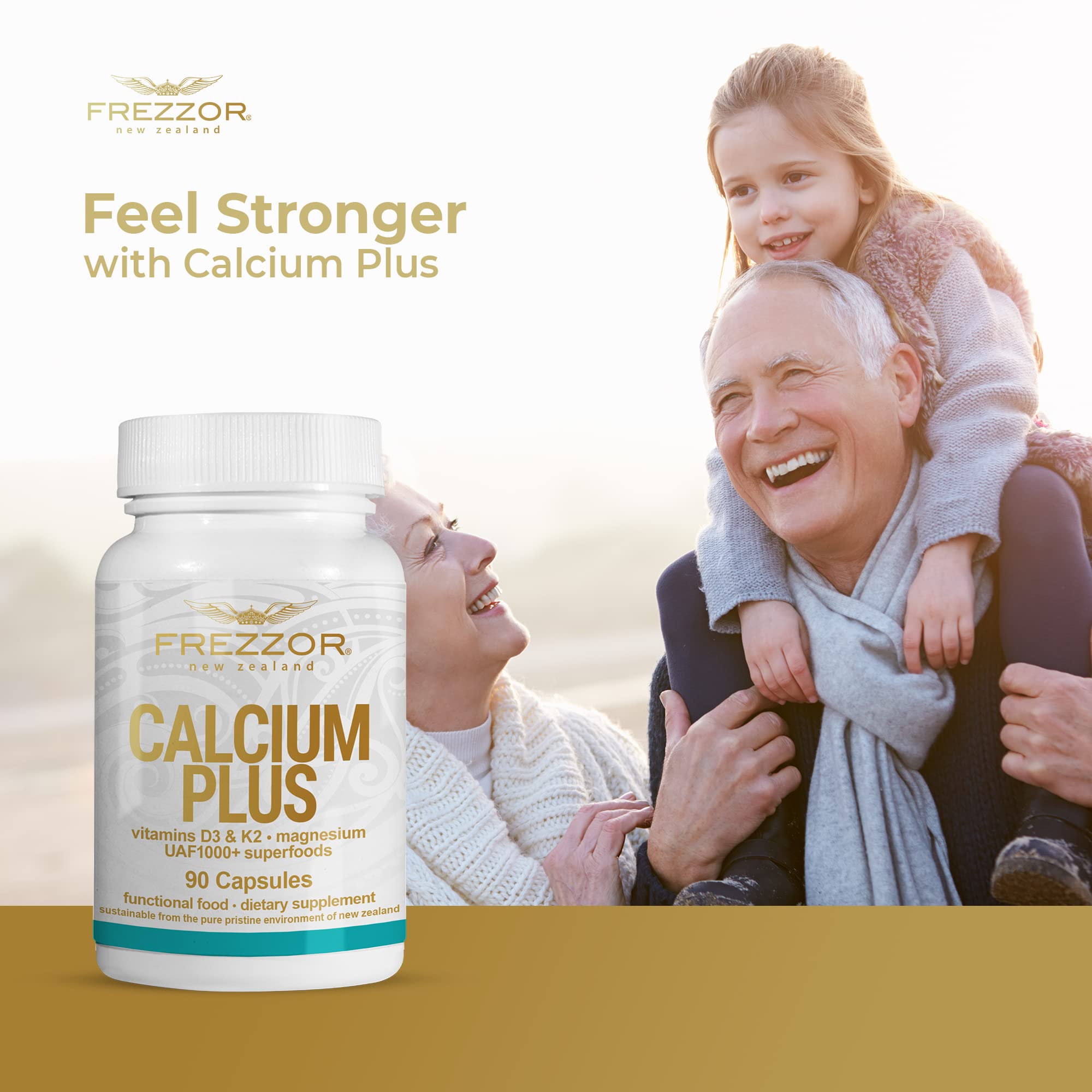 FREZZOR Calcium Plus with UAF1000+, New Zealand Natural Raw Calcium Supplement for Bones, Teeth, Gut Health, & Cardiovascular Support, Phosphorus, Magnesium, Collagen, Selenium, 90 Capsules, 1 Bottle