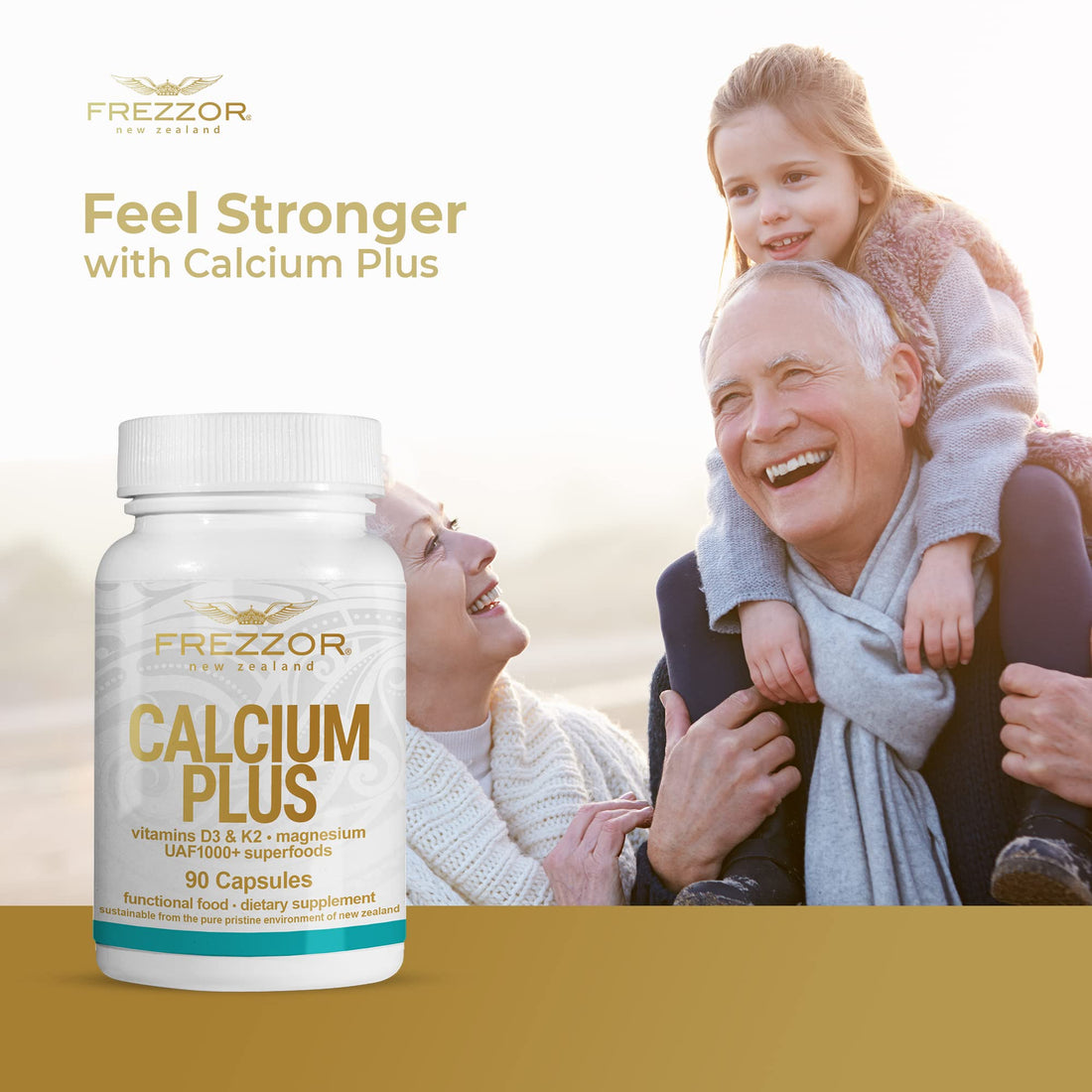 FREZZOR Calcium Plus with UAF1000+, New Zealand Natural Raw Calcium Supplement for Bones, Teeth, Gut Health, & Cardiovascular Support, Phosphorus, Magnesium, Collagen, Selenium, 90 Capsules, 1 Bottle