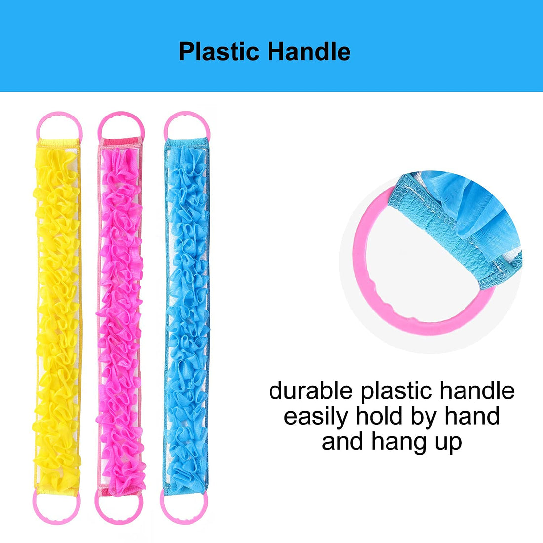 3 PACK Double-Sided Bath Scrubber, Back Scrub Loofah, Long Shower Washcloth With Handle, Pouf Lotion Cream Skin Issue Medicinal lotion Summer Beach Sunscreen Applicator (3 PACK Back Scrubber)
