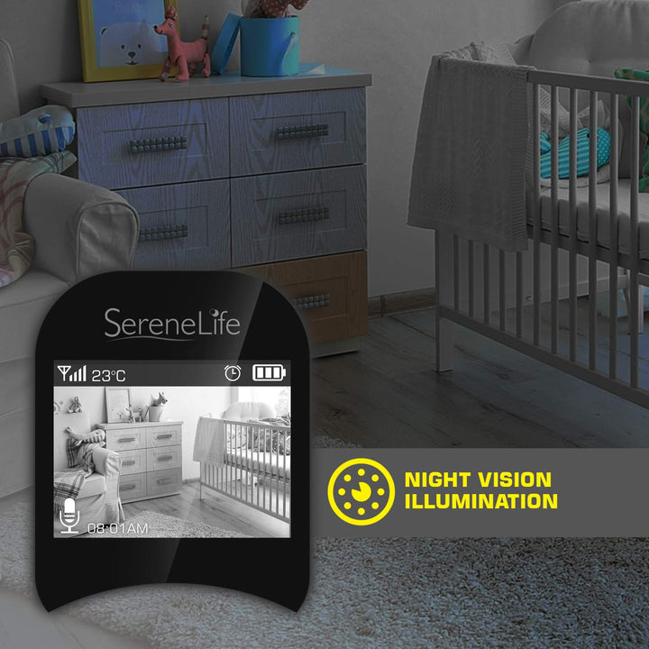 SereneLife USA Video Baby Monitor - Upgraded 850’ Wireless Long Range Camera, Night Vision, Temperature Monitoring and Portable 2” Color Screen with Clip - SLBCAM10.5, Green