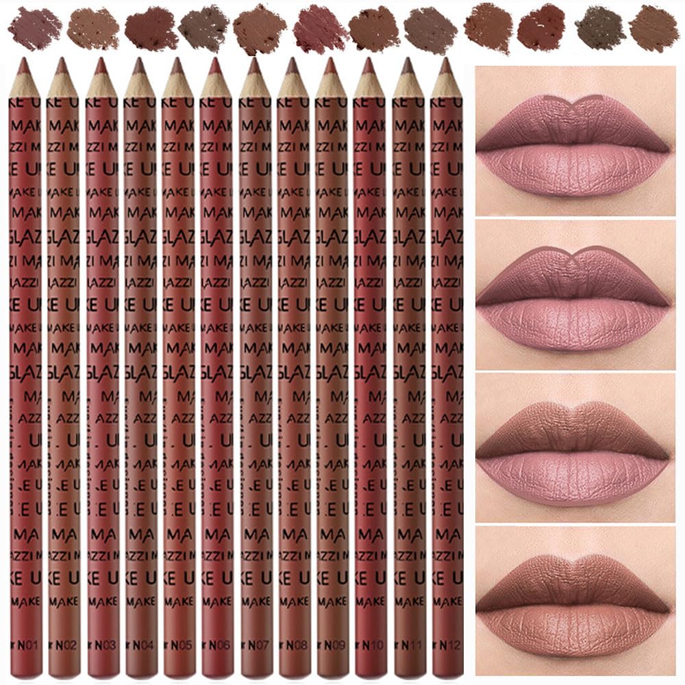 SUAKE 12 Pcs Colors Lip Liner Lipstick Pencils Set Pack for Shaping & Sculpting Lips,Natural Maroon Dark Red Nude Beige Chocolate Brown Plum Matte Pigmented Lipliners Crayon Lipstick