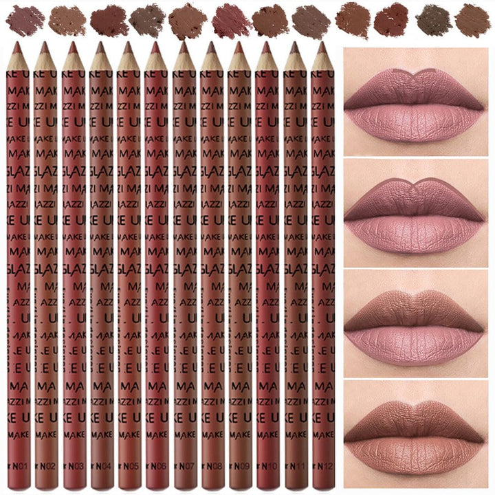 SUAKE 12 Pcs Colors Lip Liner Lipstick Pencils Set Pack for Shaping & Sculpting Lips,Natural Maroon Dark Red Nude Beige Chocolate Brown Plum Matte Pigmented Lipliners Crayon Lipstick