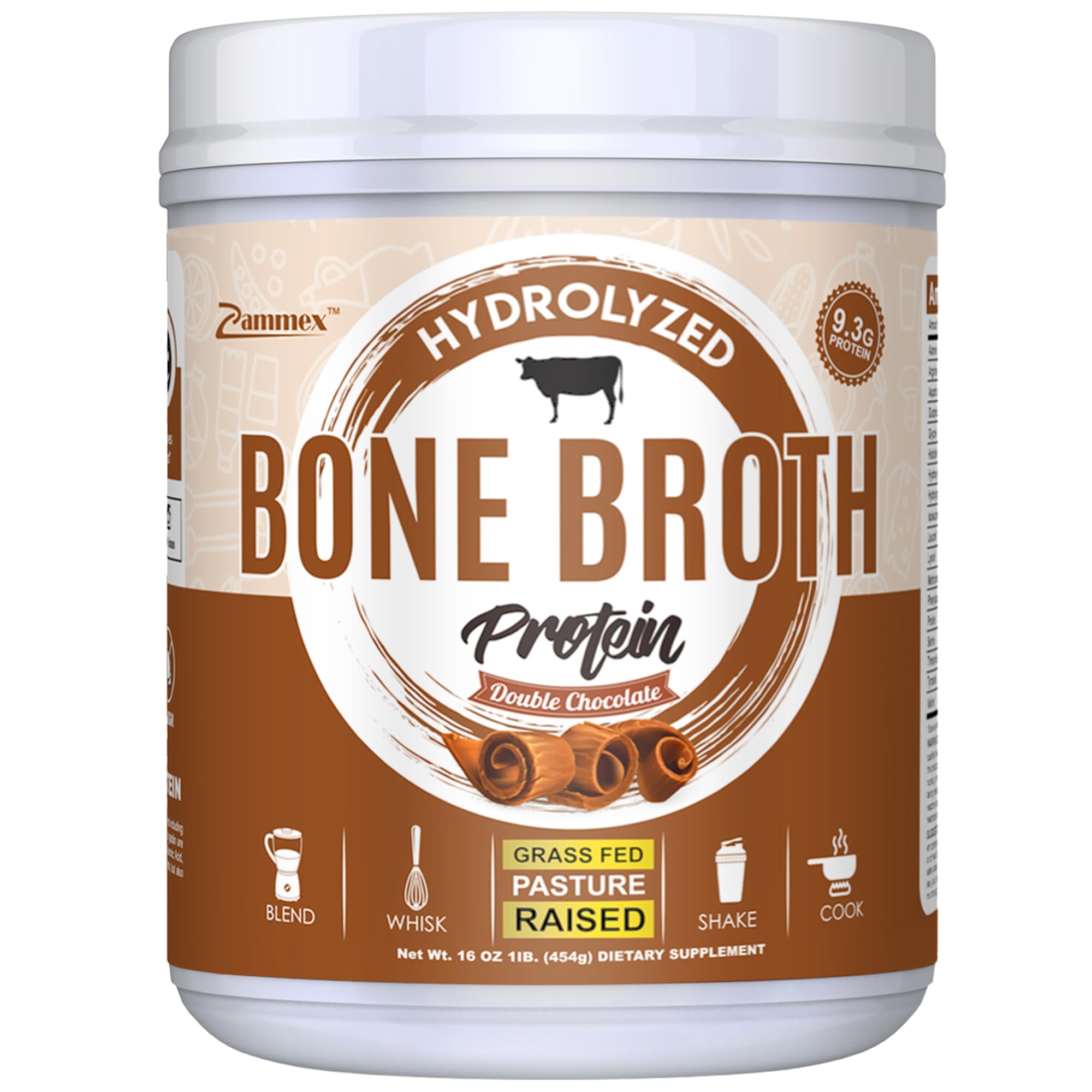 Zammex Bone Broth Protein Powder, Pure Grass Fed Beef, Chocolate Protein Powder,Hydrolyzed Collagen Supplement for Healthy Skin,Nails,Hair,Joints, Non-GMO,Gluten Free, Great in Shakes