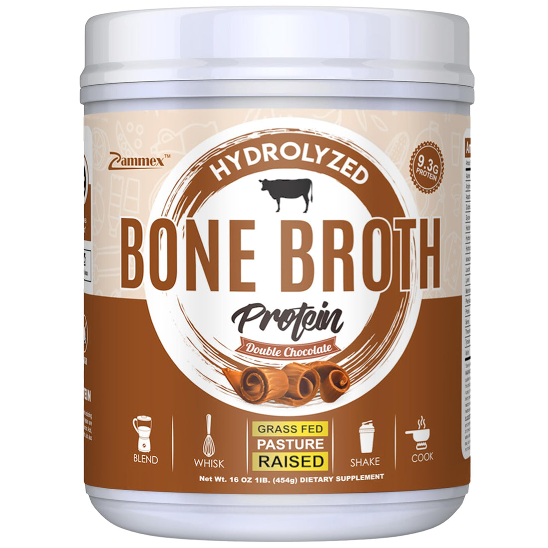 Zammex Bone Broth Protein Powder, Pure Grass Fed Beef, Chocolate Protein Powder,Hydrolyzed Collagen Supplement for Healthy Skin,Nails,Hair,Joints, Non-GMO,Gluten Free, Great in Shakes