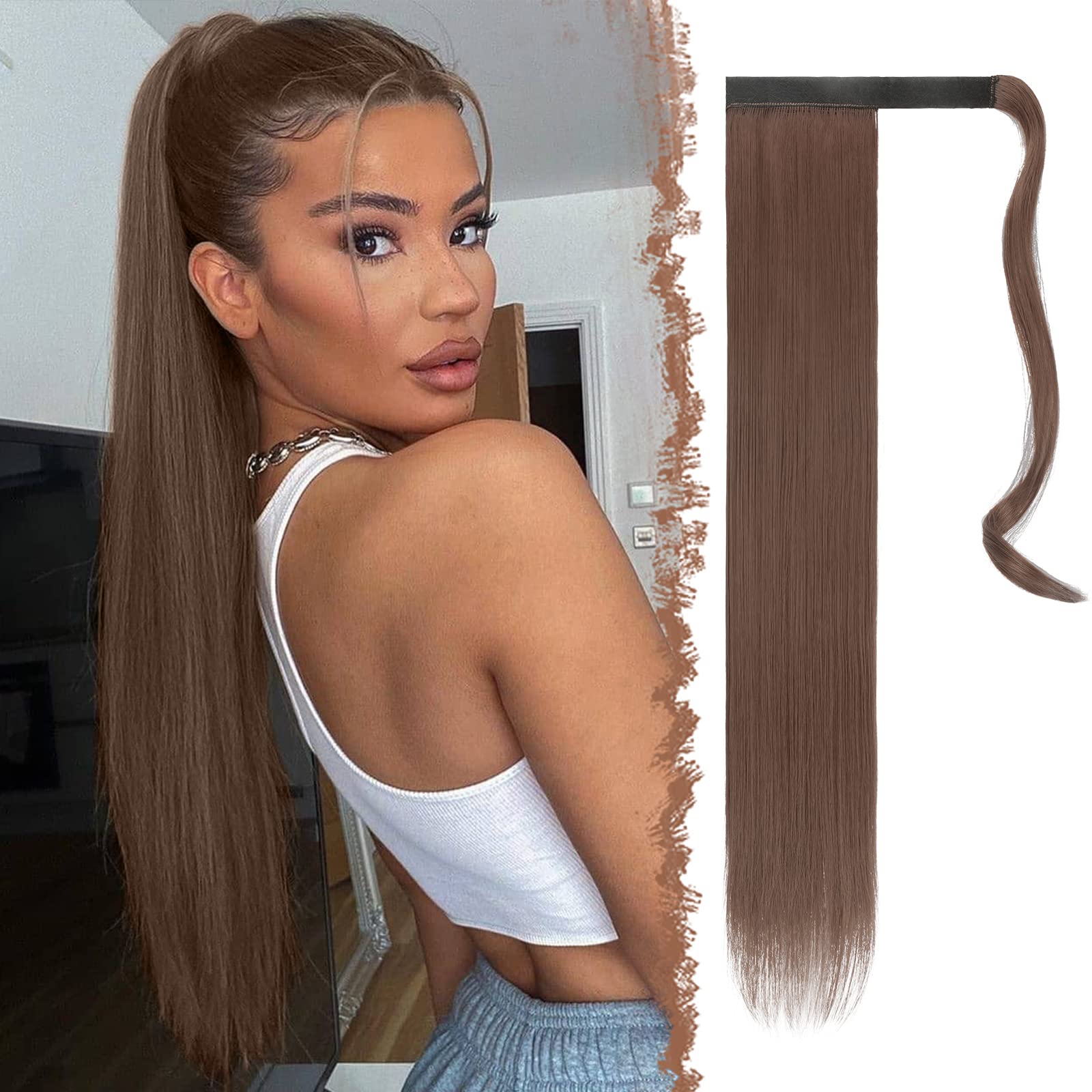 FESHFEN Straight Ponytail Extensions 28 Inch Long Wrap Around Synthetic Hair Piece Clip in Ponytail Hair Extensions Hairpiece for Women Girls 150g