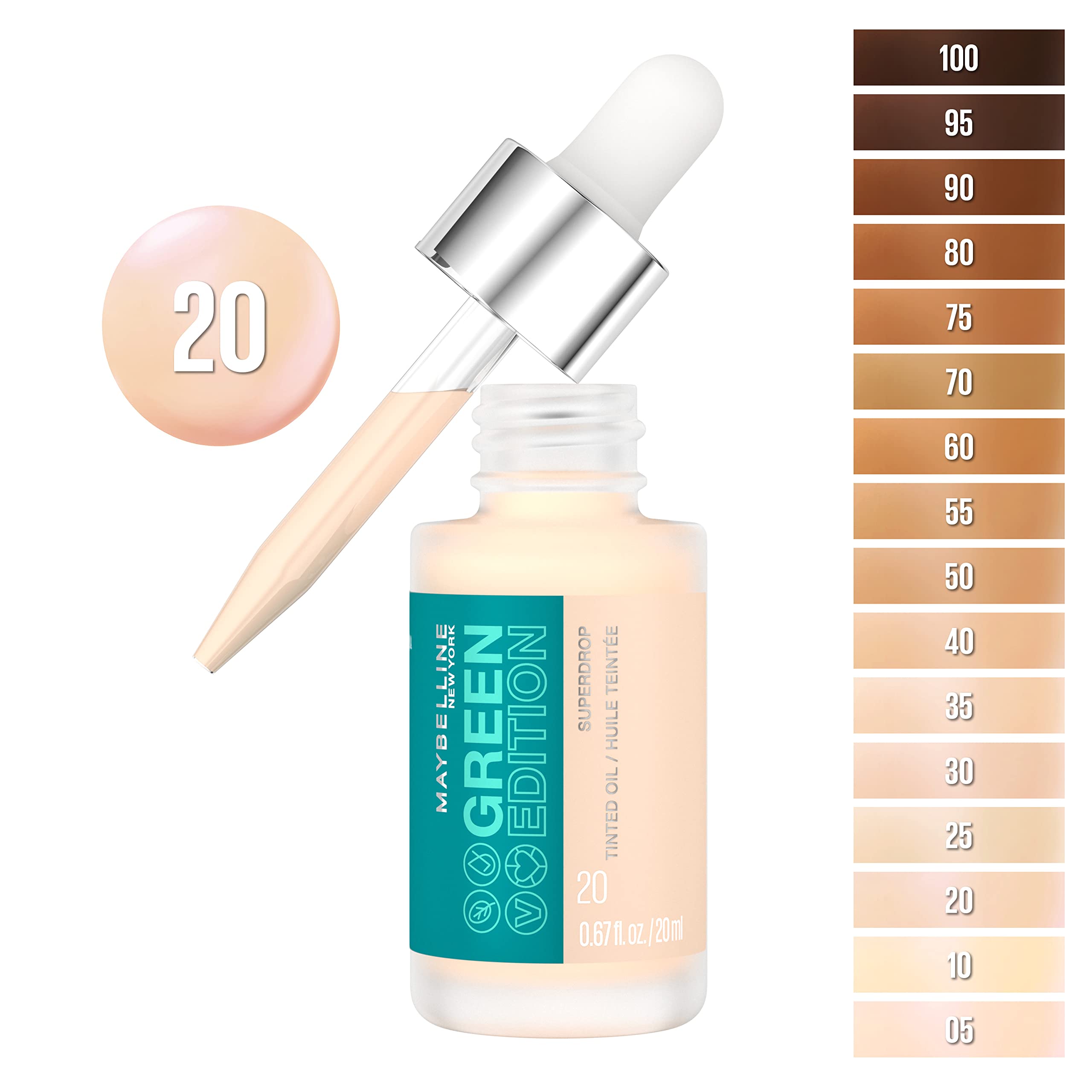 Maybelline Green Edition Superdrop Tinted Oil Base Makeup, Adjustable Natural Coverage Foundation Formulated With Jojoba & Marula Oil, 20, 1 Count